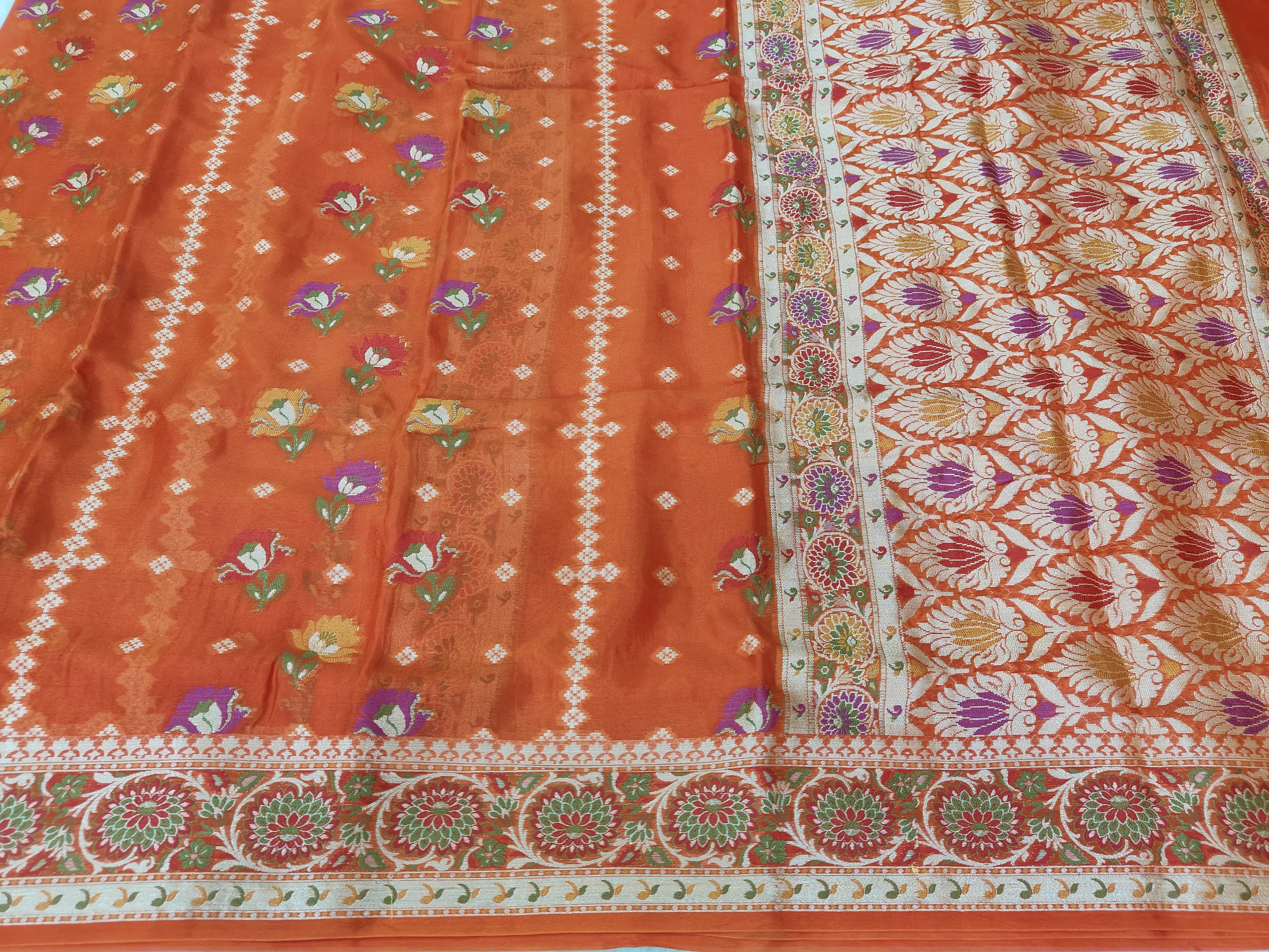 PURE CHIFFON SILK ROSE BUTI JAAL WOVEN BANARASI SAREE IN ORANGE