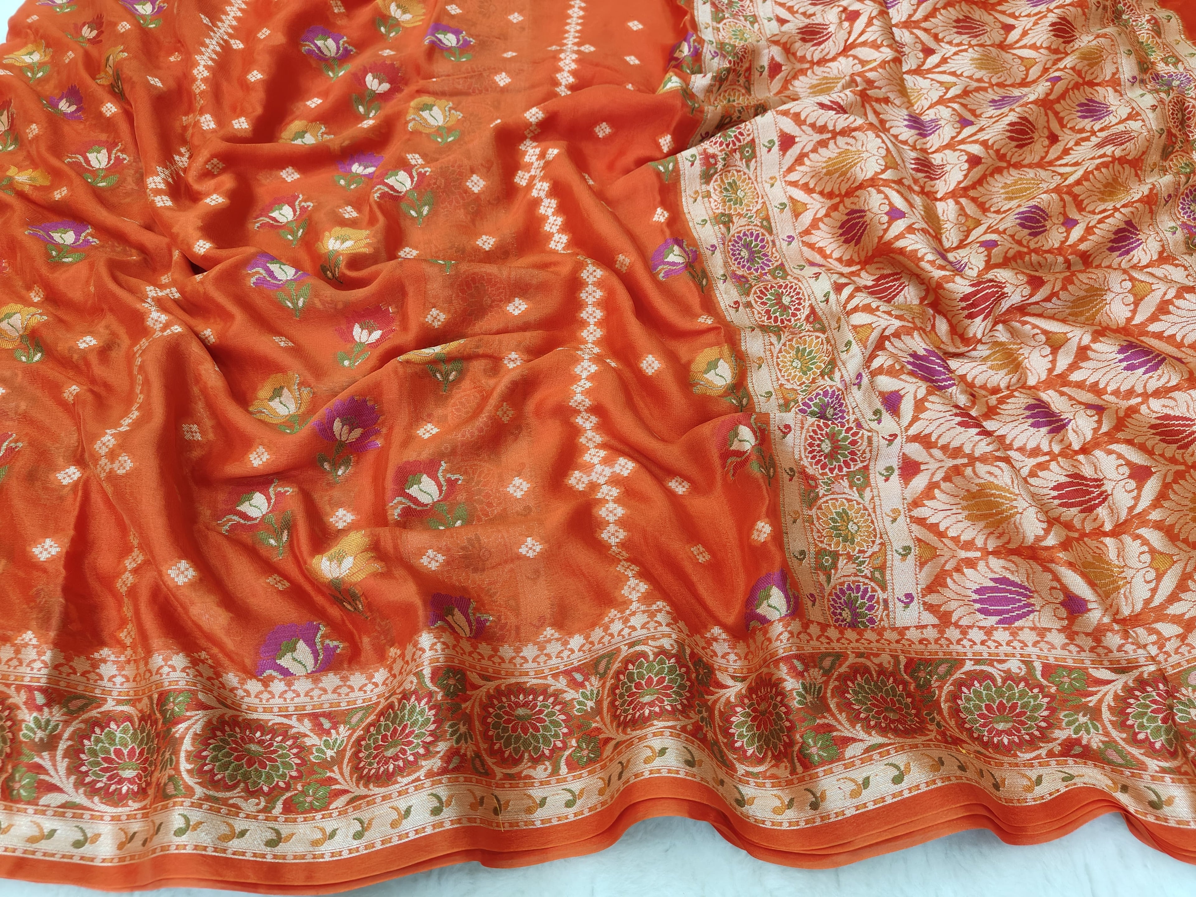 PURE CHIFFON SILK ROSE BUTI JAAL WOVEN BANARASI SAREE IN ORANGE