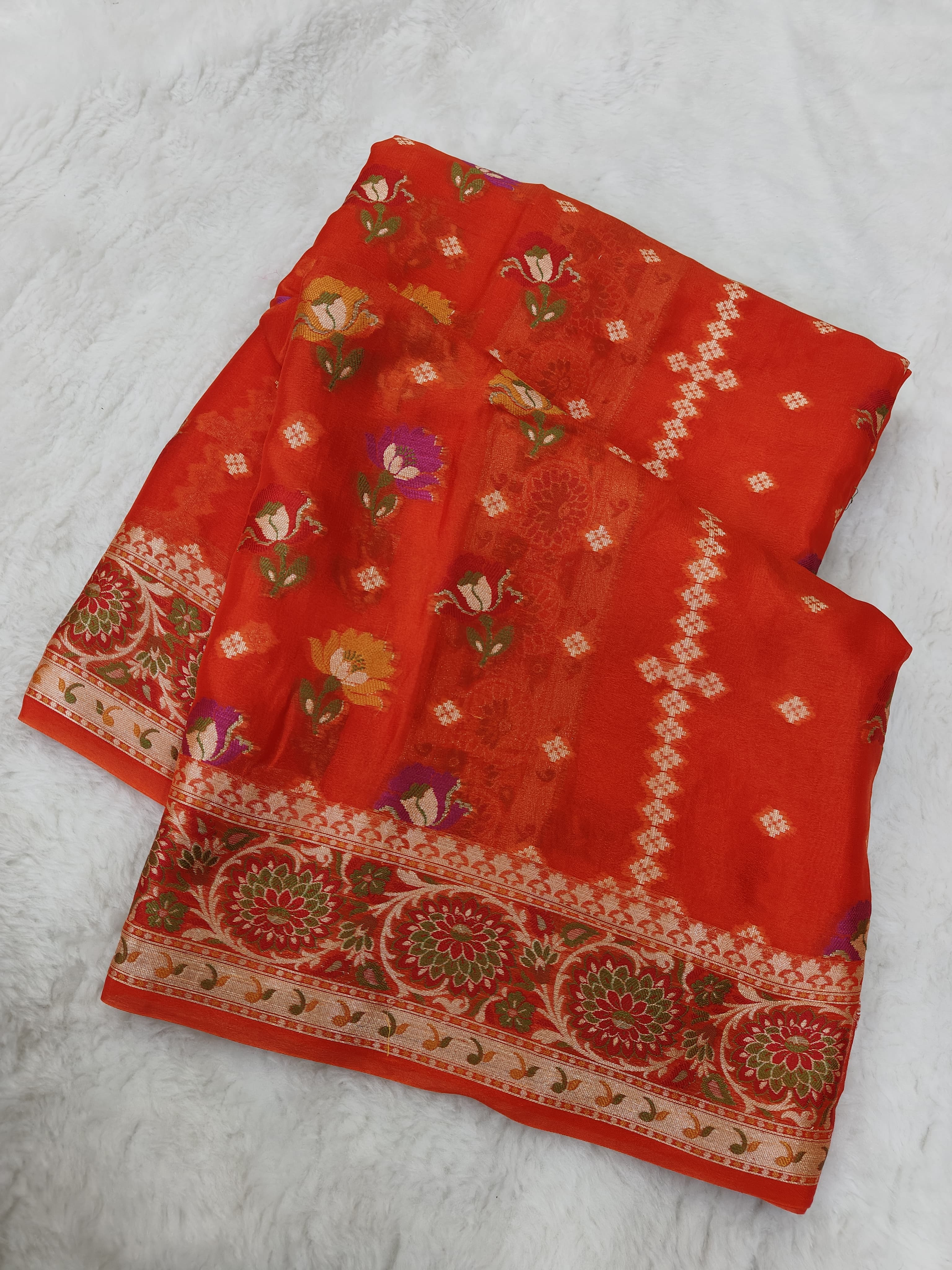 PURE CHIFFON SILK ROSE BUTI JAAL WOVEN BANARASI SAREE IN ORANGE