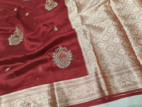 AARI HANDWORK PURE TISSUE SILK BANARASI SAREE IN SHINE RED