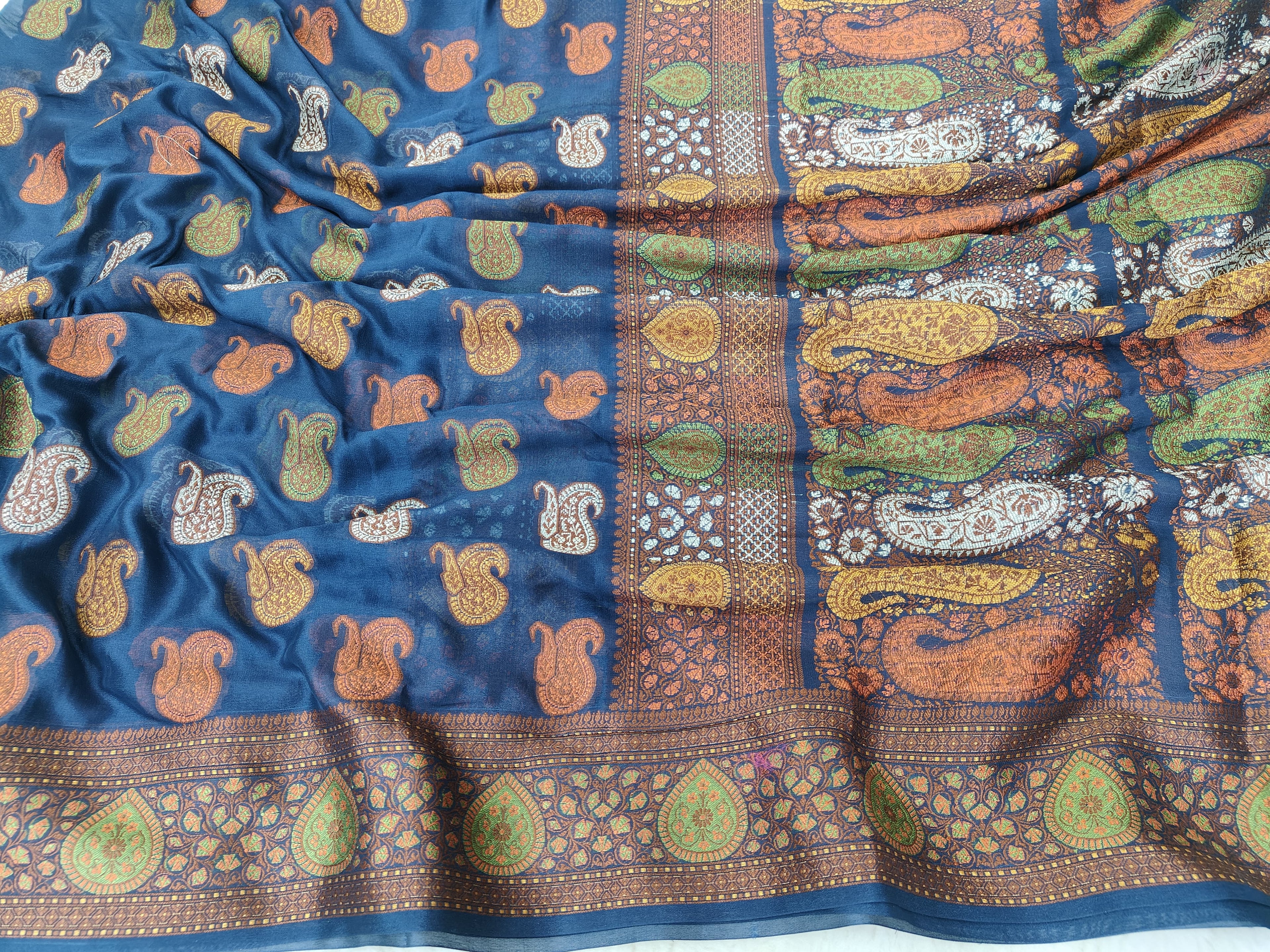 PURE CHIFFON SILK TILFE MEENA BUTI BANARASI SAREE- RAMA GREEN