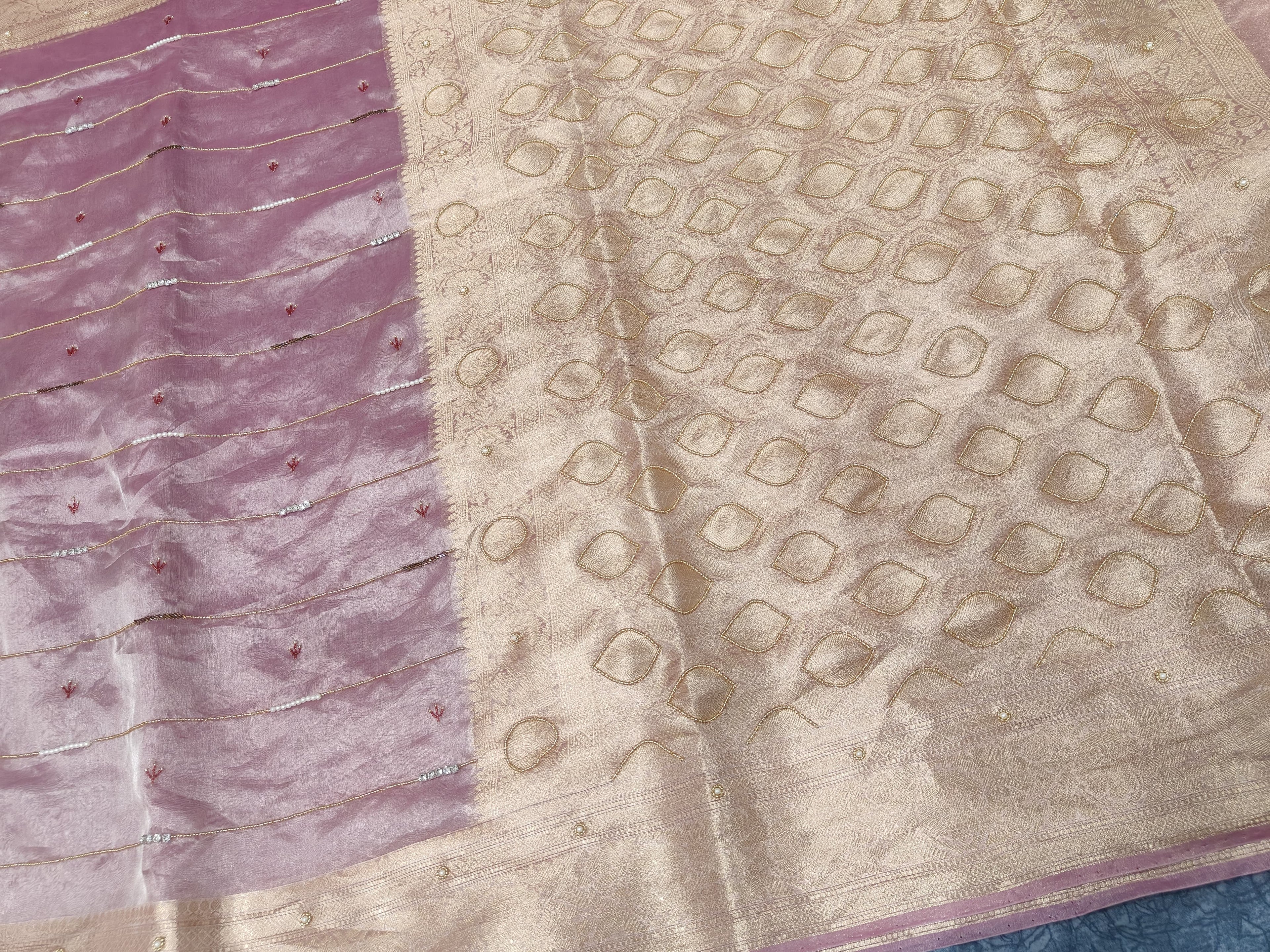 PURE TISSUE SILK AARI HANDWORK BANARASI SAREE IN SHINE PINK