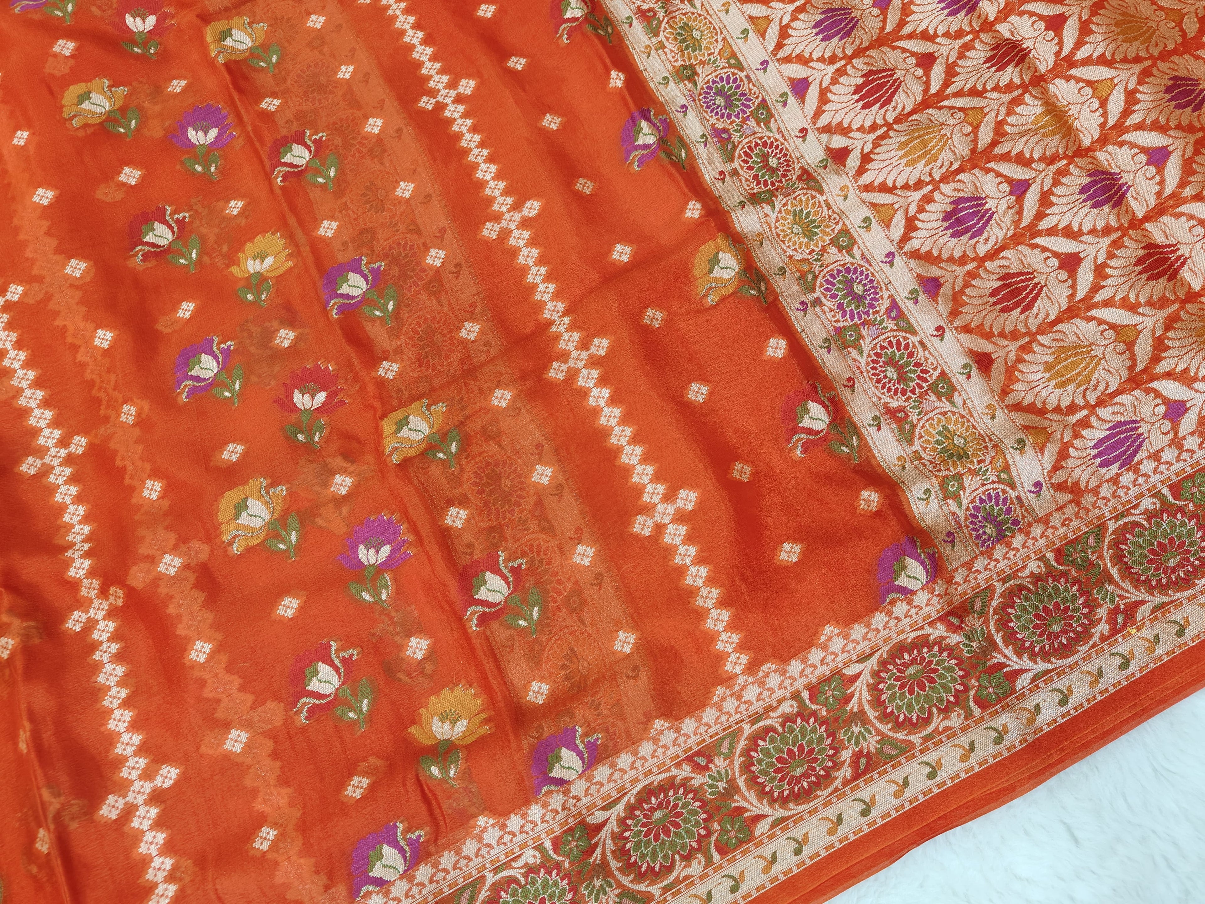 PURE CHIFFON SILK ROSE BUTI JAAL WOVEN BANARASI SAREE IN ORANGE