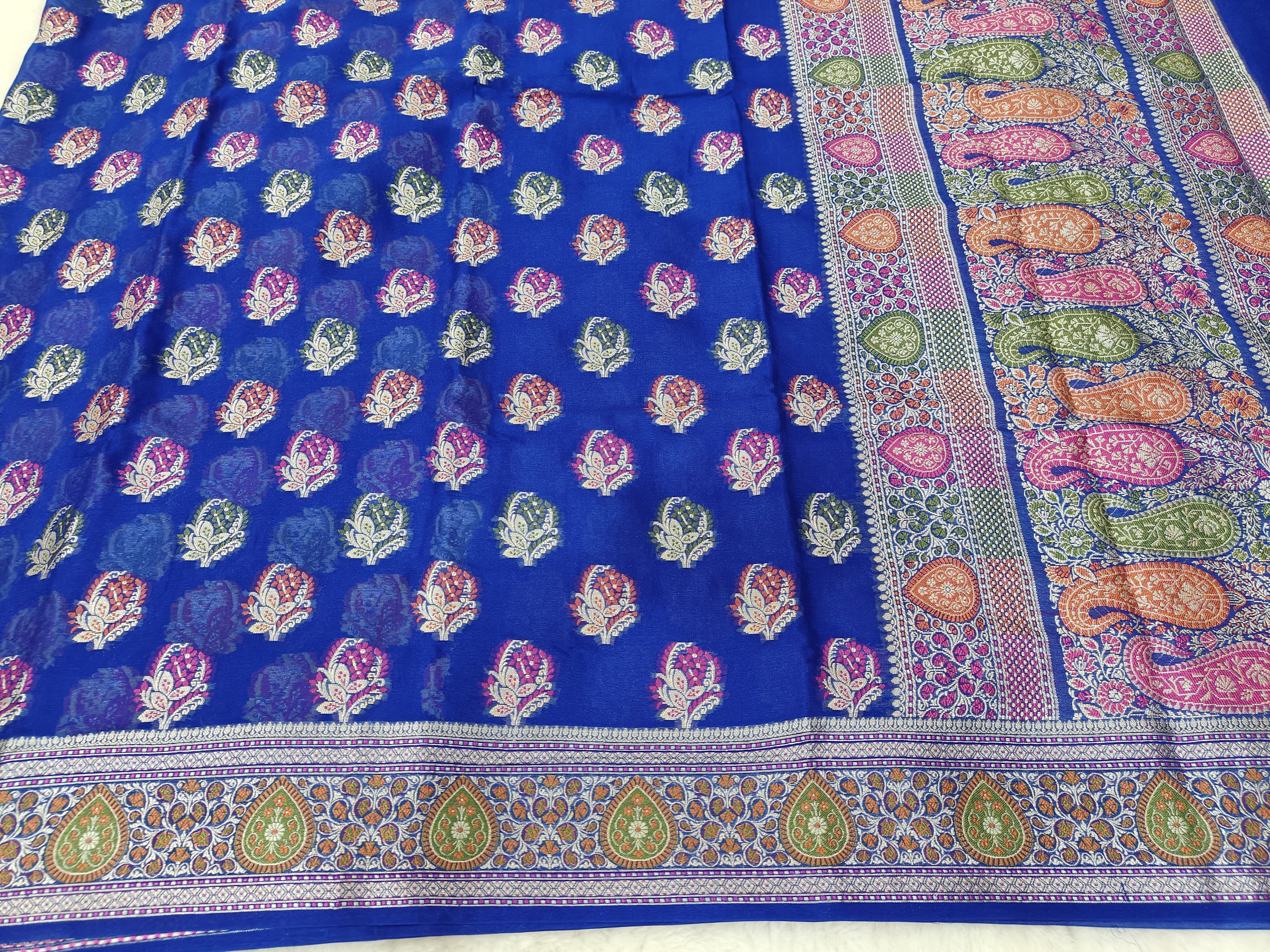 PURE CHIFFON SILK TILFE MEENA BUTI BANARASI SAREE/ ROYAL BLUE