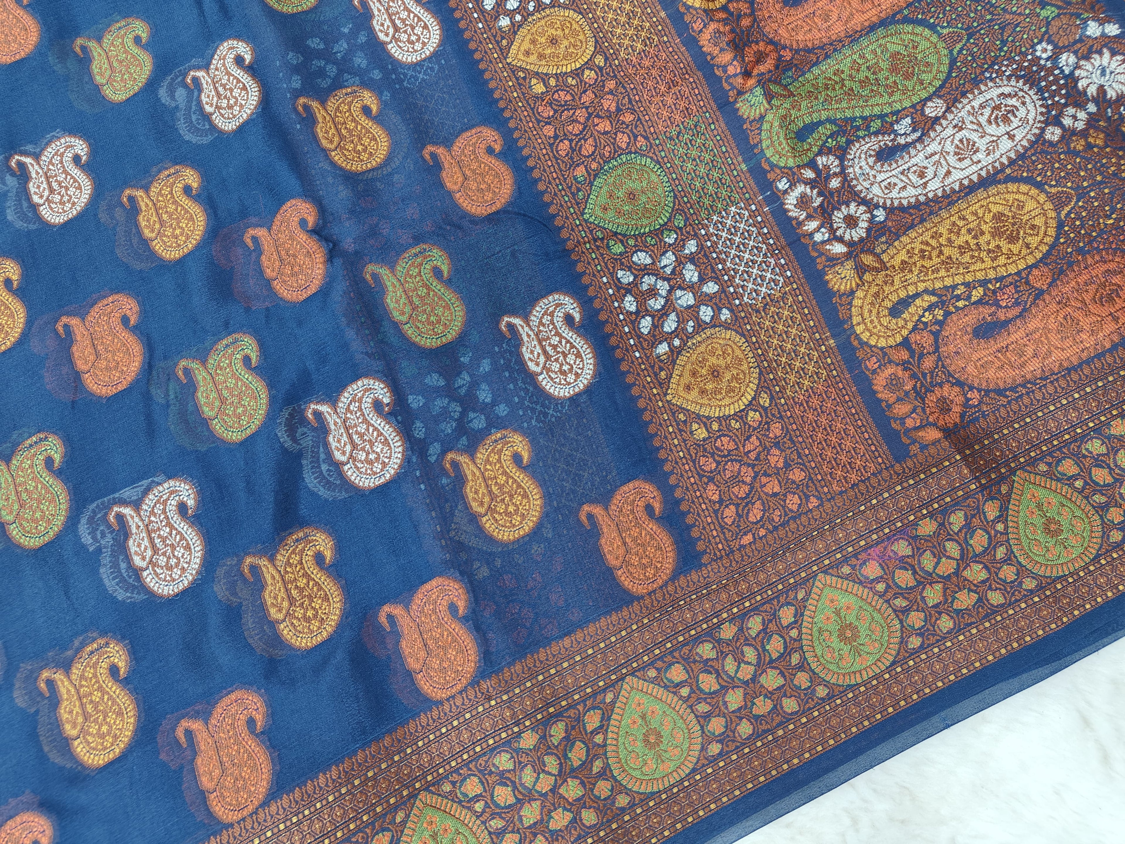 PURE CHIFFON SILK TILFE MEENA BUTI BANARASI SAREE- RAMA GREEN