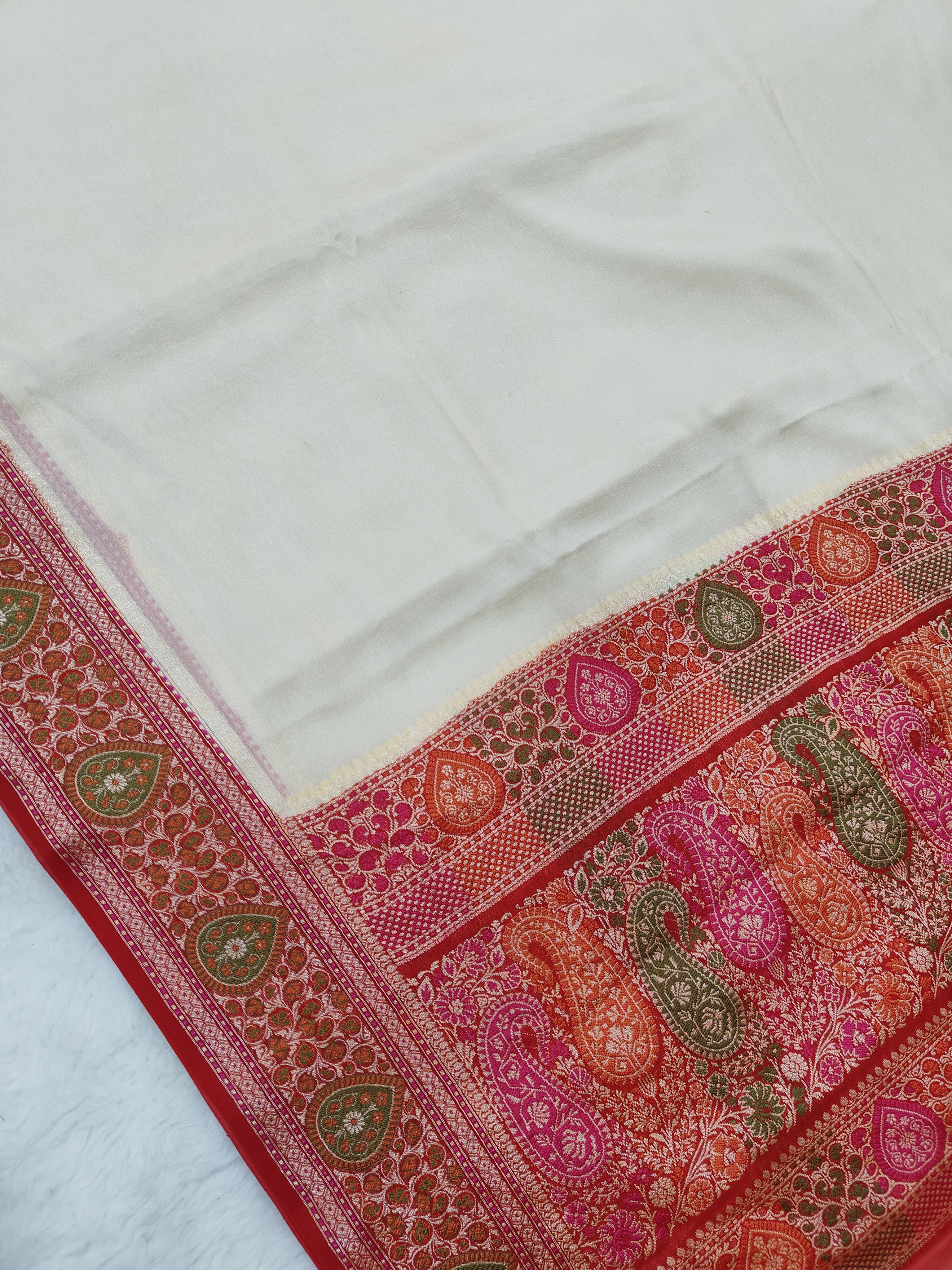 PURE CHIFFON SILK BANARASI SAREE TILFEE MEENA WORK/ RED-WHITE