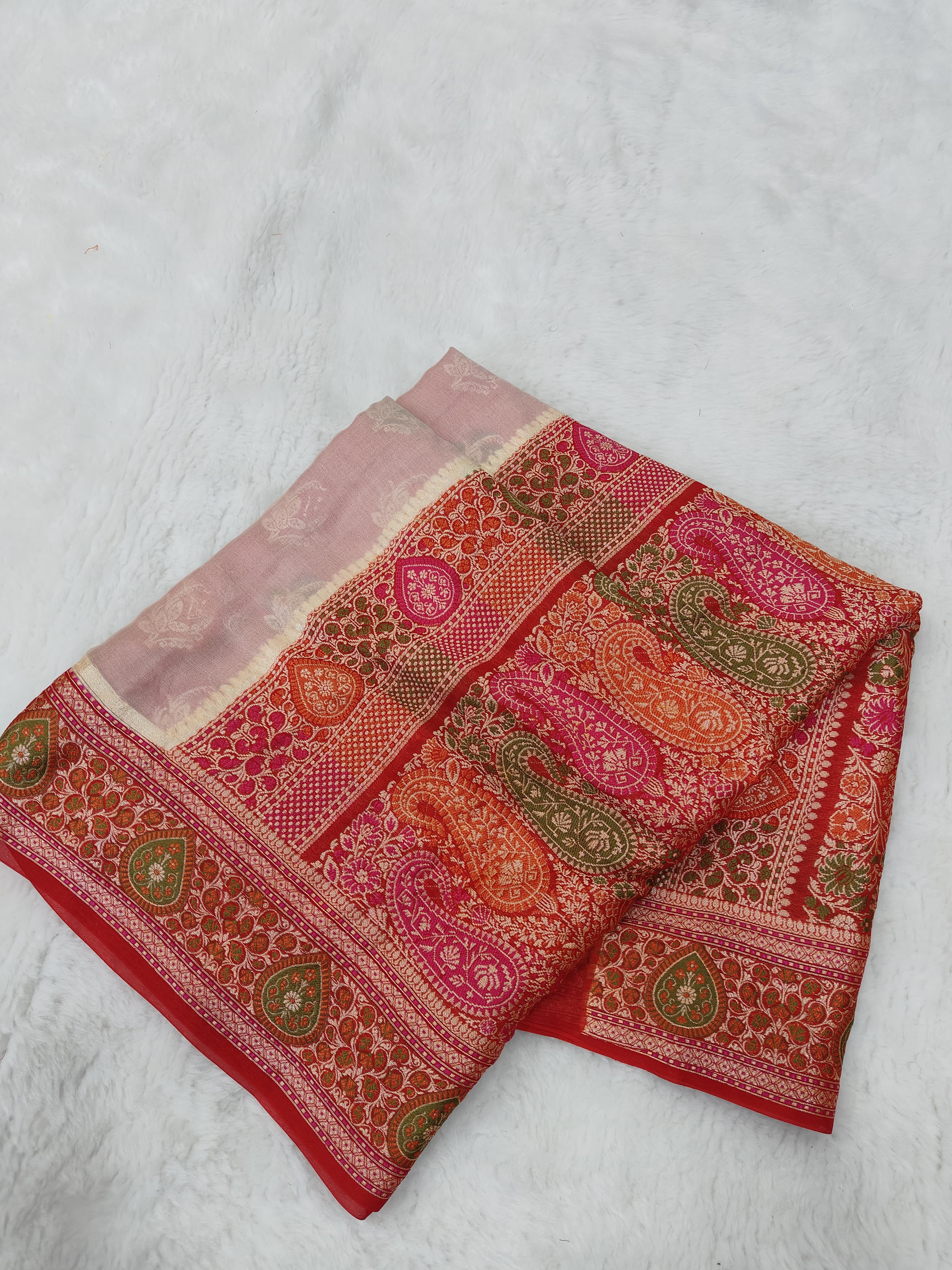 PURE CHIFFON SILK BANARASI SAREE TILFEE MEENA WORK/ RED-WHITE