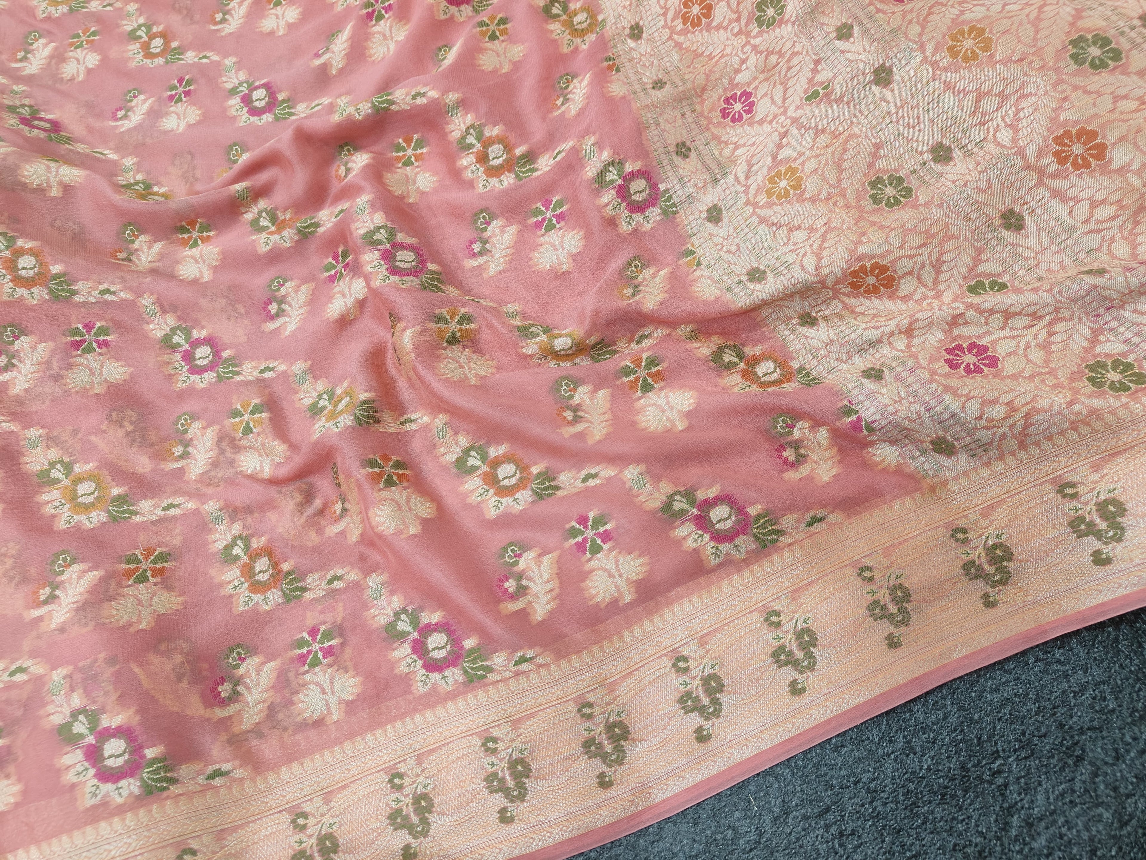 PURE CHIFFON SILK TILFE SONA RUPA JAAL WOVEN BANARASI SAREE IN GAAJRI PINK