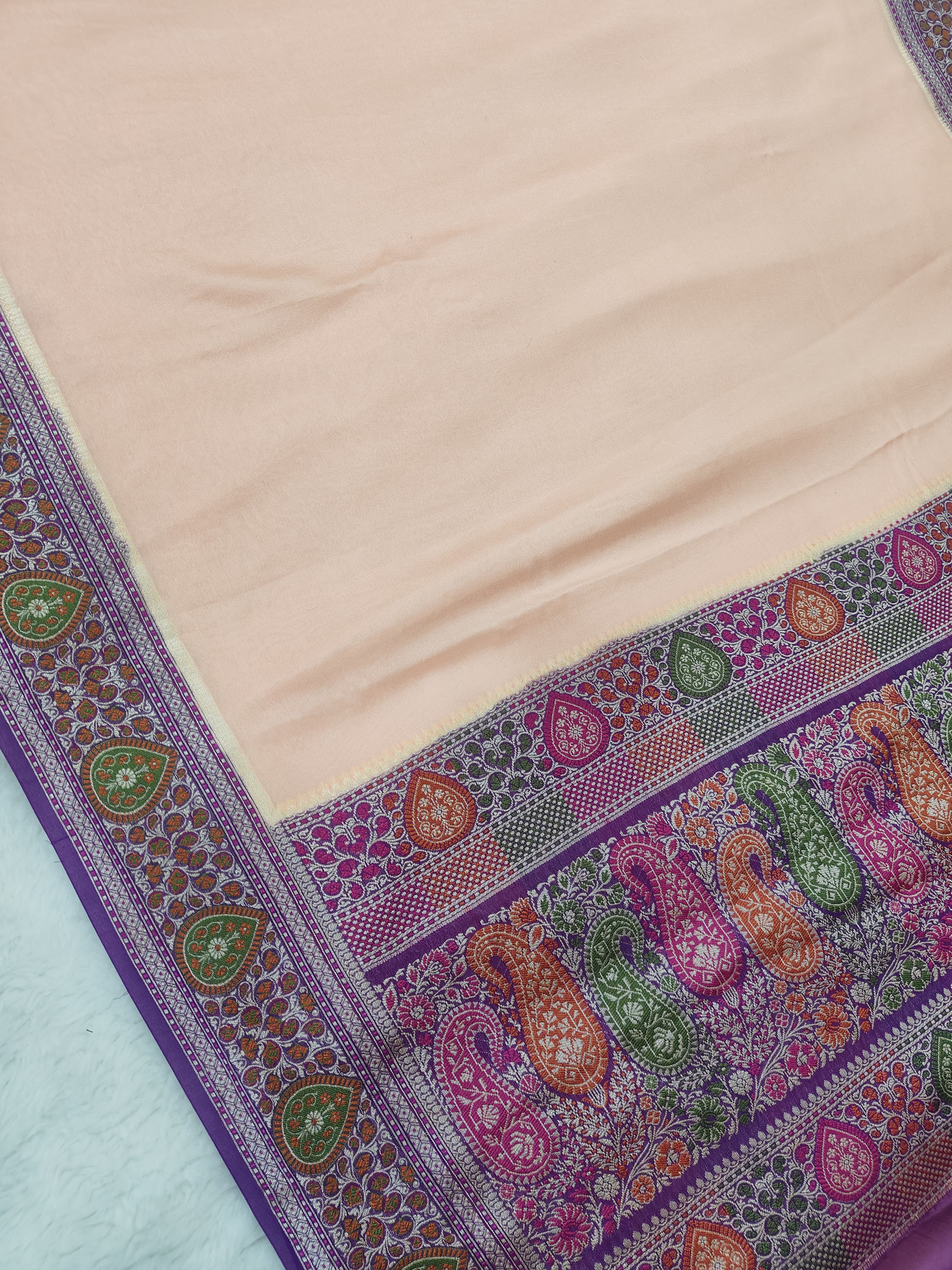 PURE CHIFFON SILK BANARASI SAREE TILFEE MEENA WORK/ PURPLE-CREAM