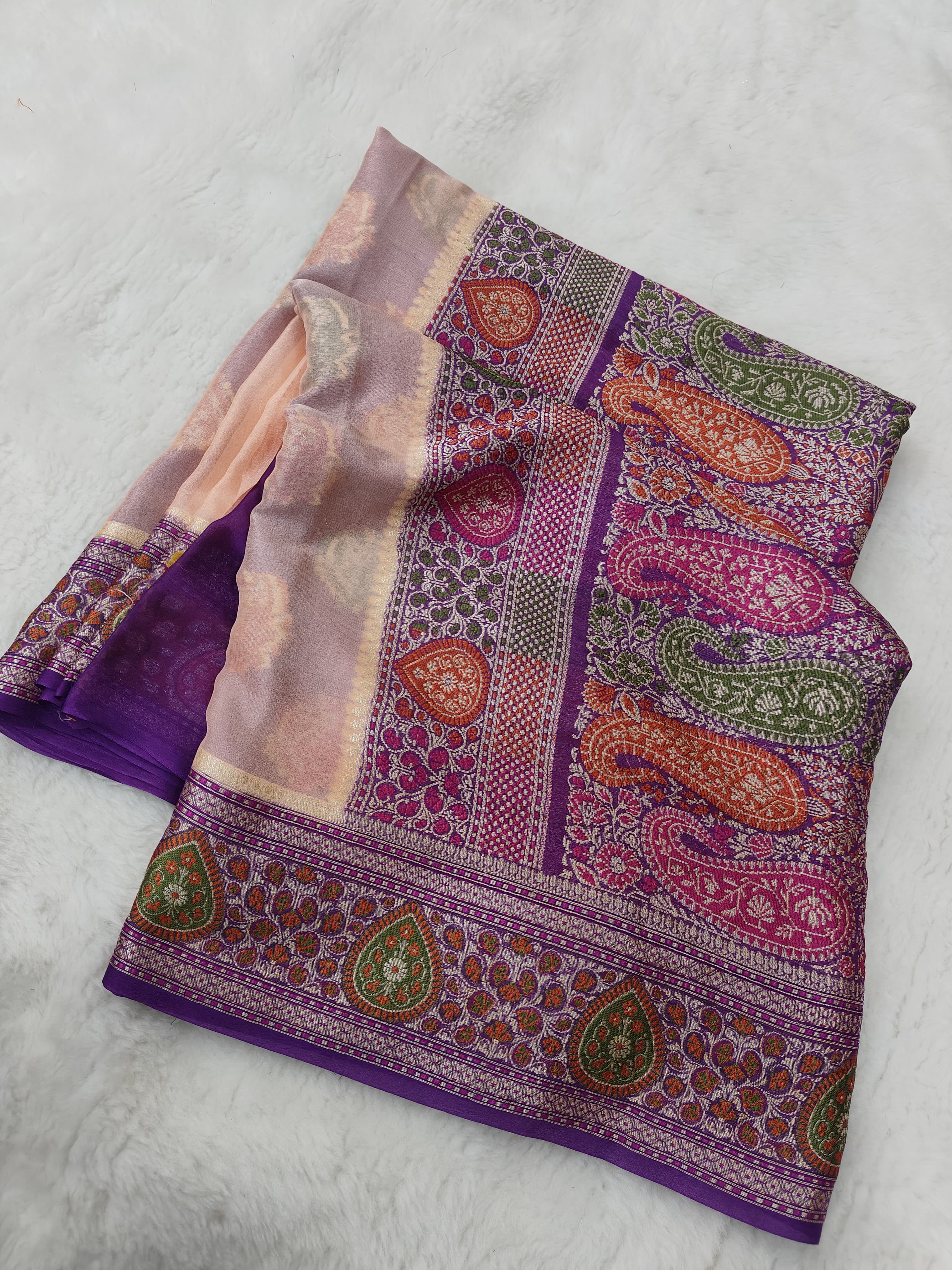 PURE CHIFFON SILK BANARASI SAREE TILFEE MEENA WORK/ PURPLE-CREAM