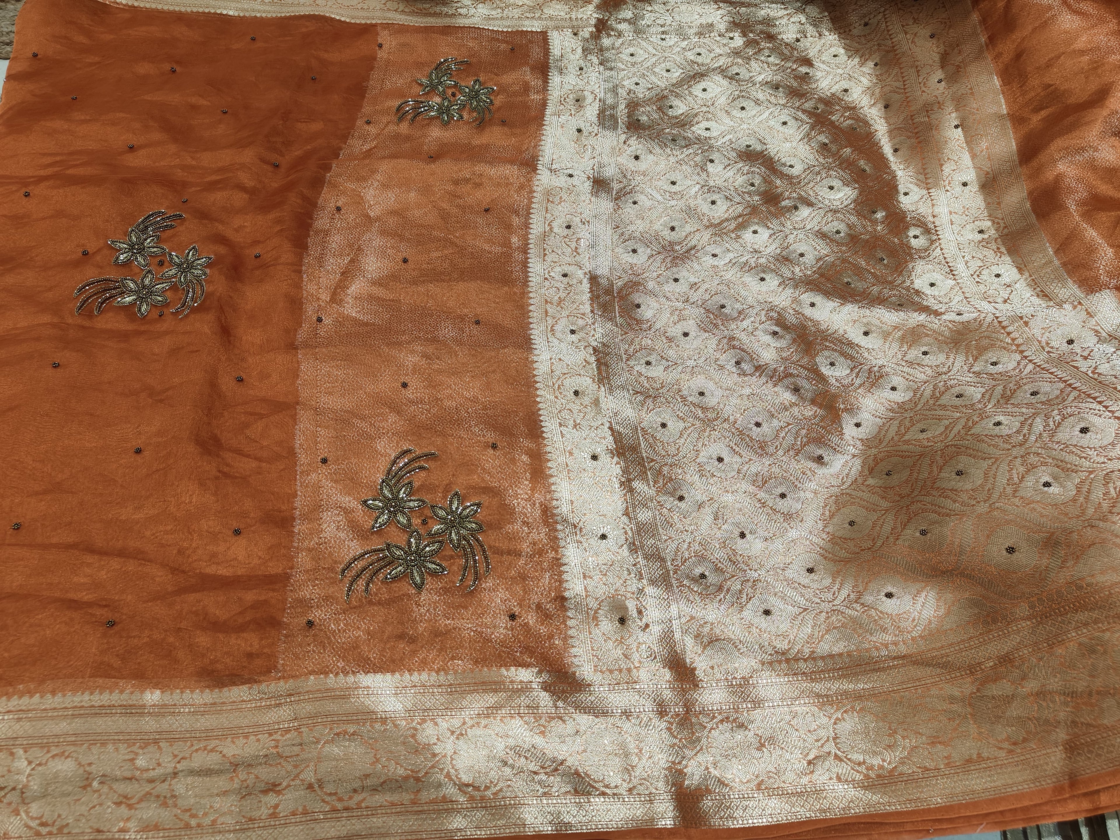 PURE TISSUE SILK AARI HANDWORK BANARASI SAREE IN SHINE ORANGE