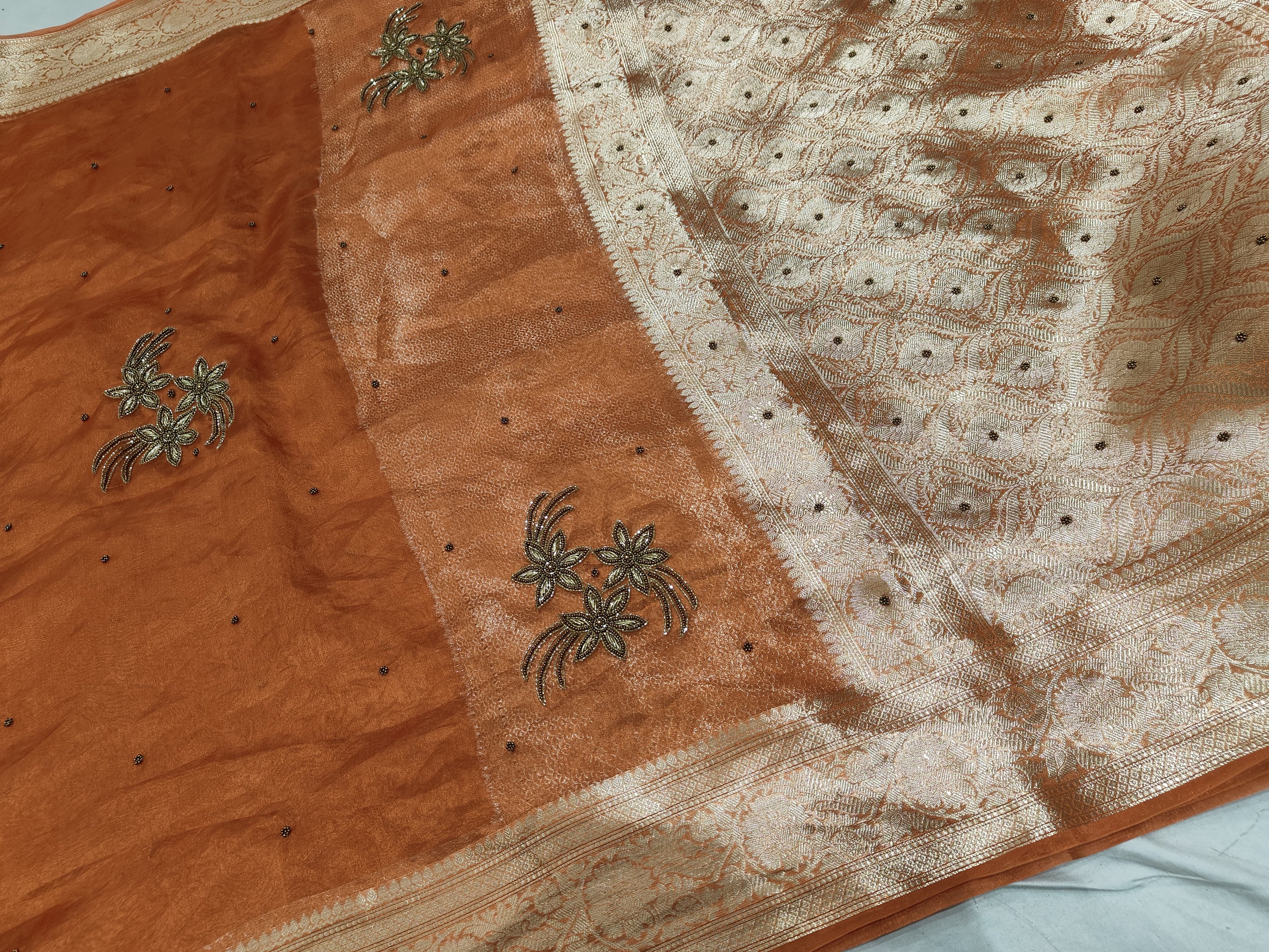 PURE TISSUE SILK AARI HANDWORK BANARASI SAREE IN SHINE ORANGE