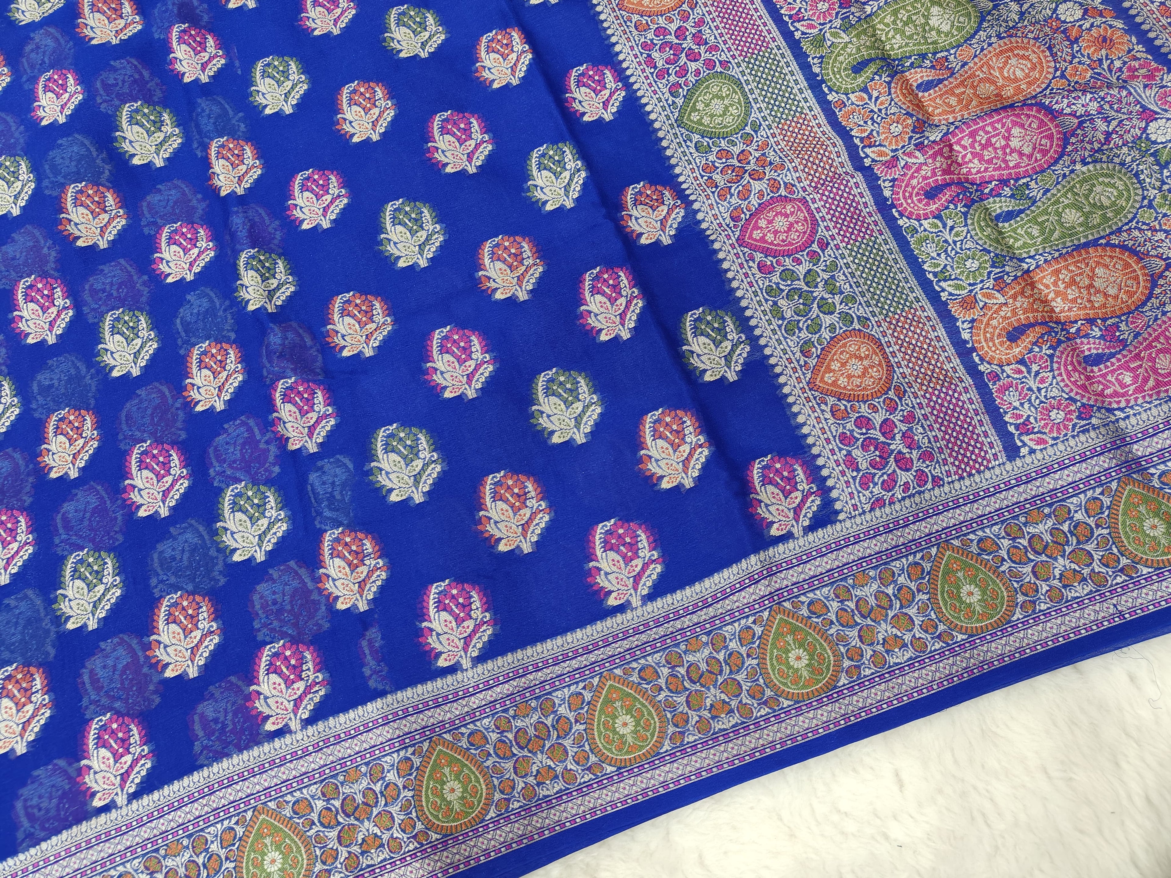 PURE CHIFFON SILK TILFE MEENA BUTI BANARASI SAREE/ ROYAL BLUE