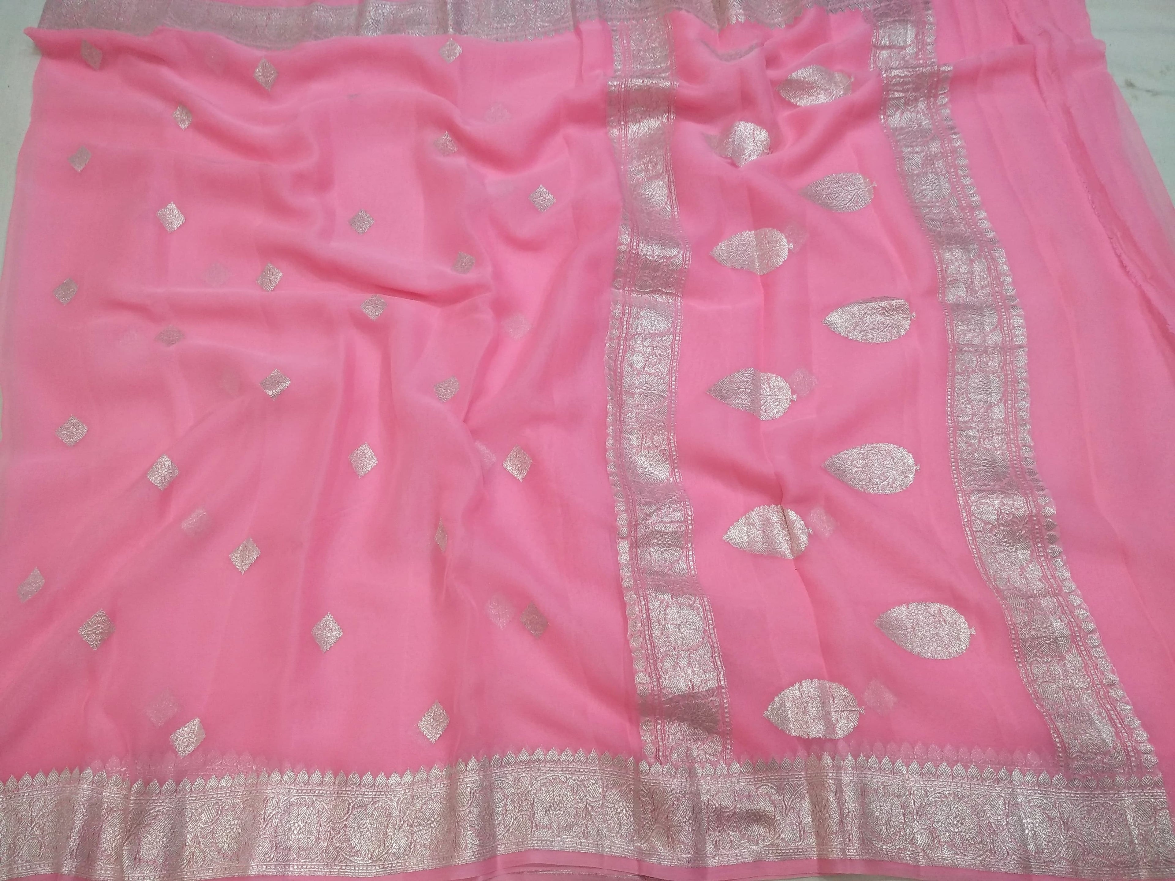KHADDI PURE CHIFFON HANDLOOM RUPA BUTI KADHUA BANARASI SAREE-PINK