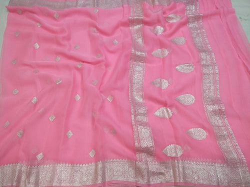 KHADDI PURE CHIFFON HANDLOOM RUPA BUTI KADHUA BANARASI SAREE-PINK