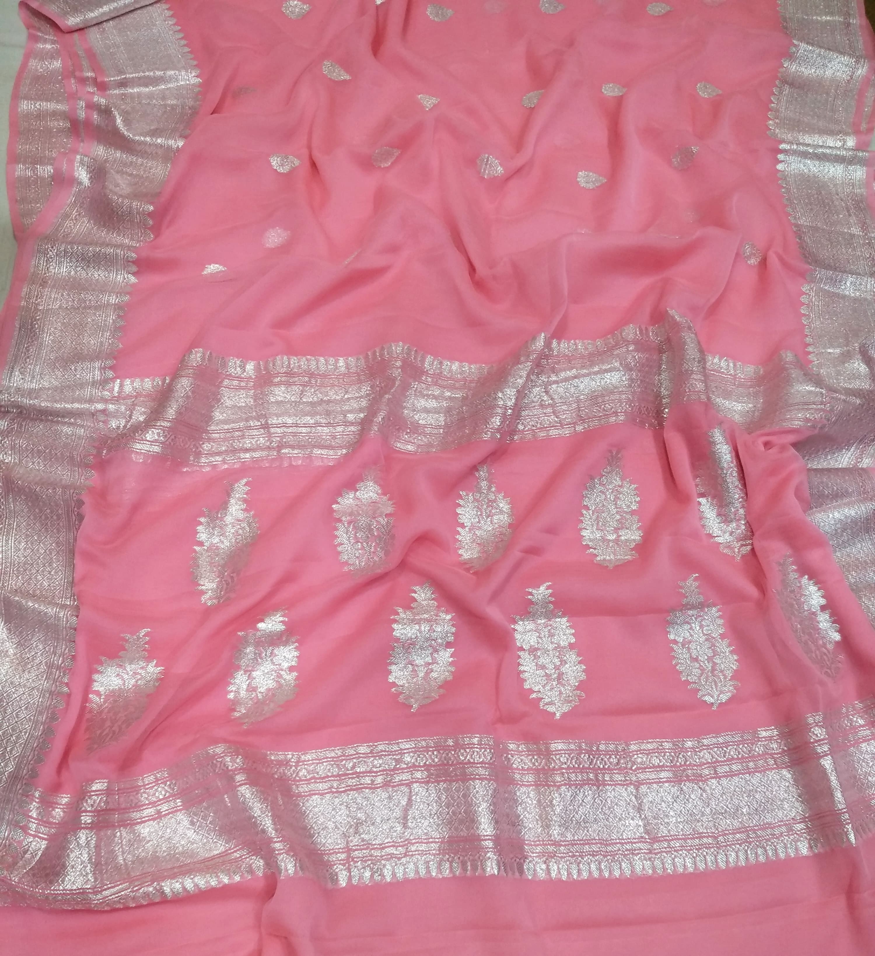 KHADDI PURE CHIFFON HANDLOOM RUPA BUTI KADHUA BANARASI SAREE-PINK