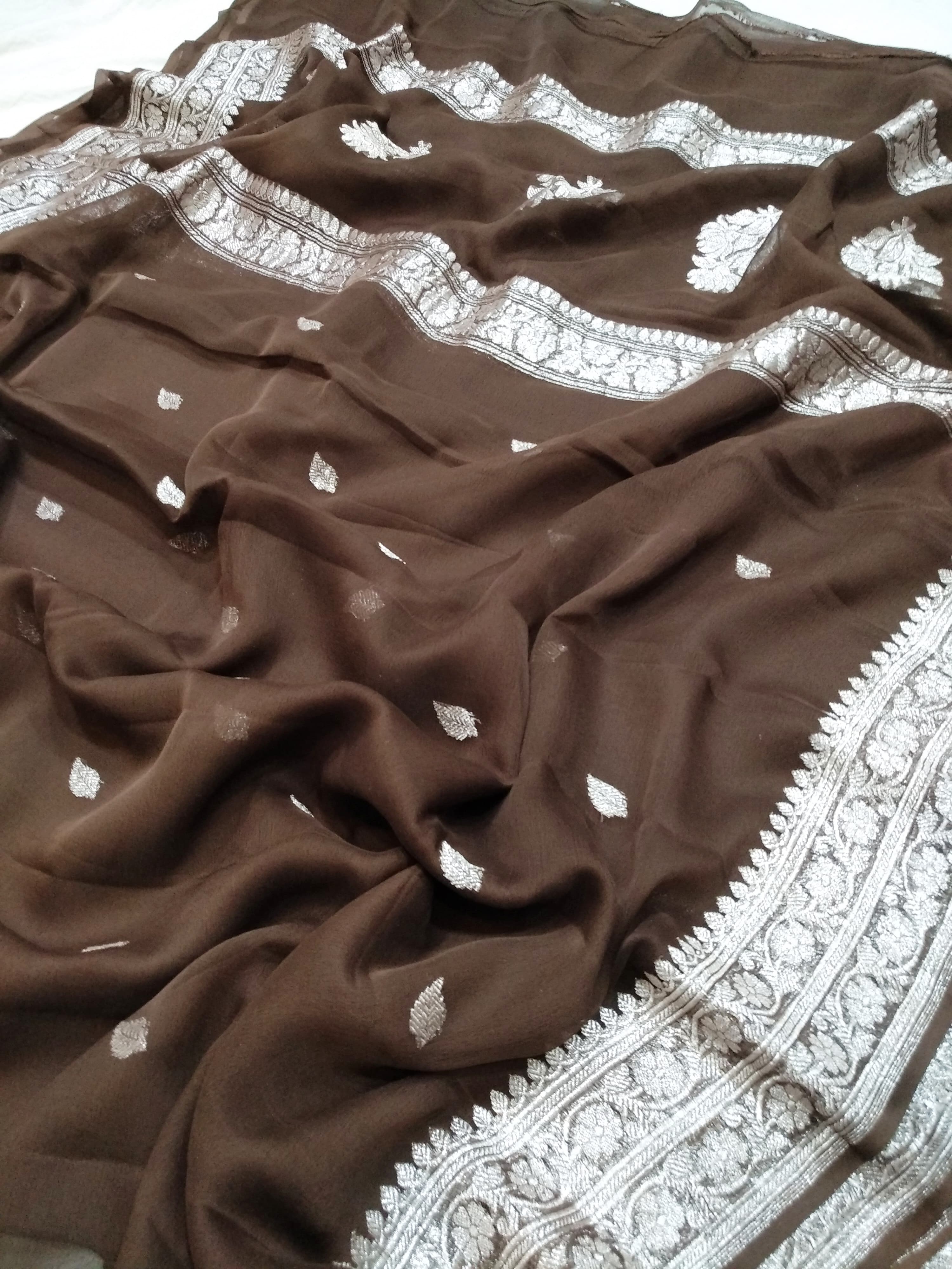 PURE CHIFFON KHADDI HANDLOOM RUPA BUTI KADHUA BANARASI SAREE/ CHOCOLATE