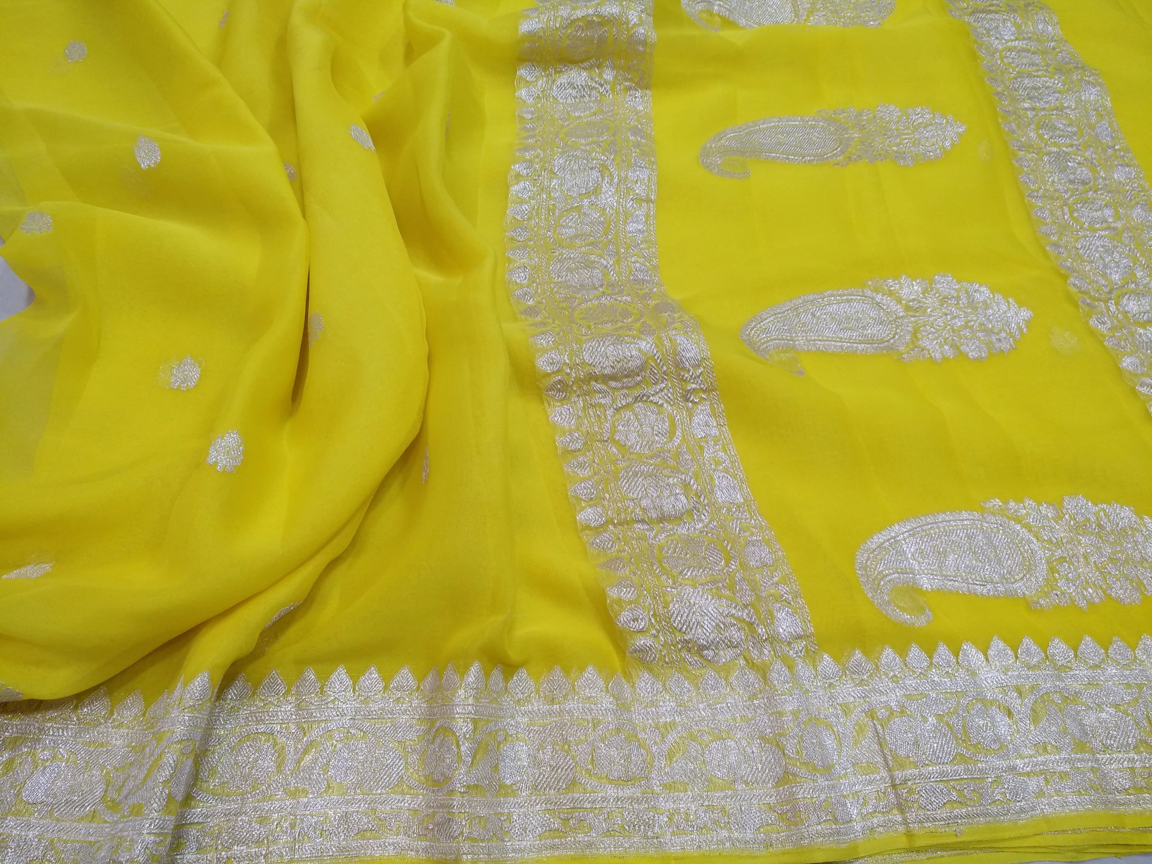HANDLOOM PURE CHIFFON KHADDI RUPA BUTI KADHUA BANARASI SAREE/YELLOW