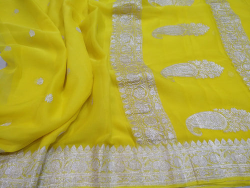 HANDLOOM PURE CHIFFON KHADDI RUPA BUTI KADHUA BANARASI SAREE/YELLOW