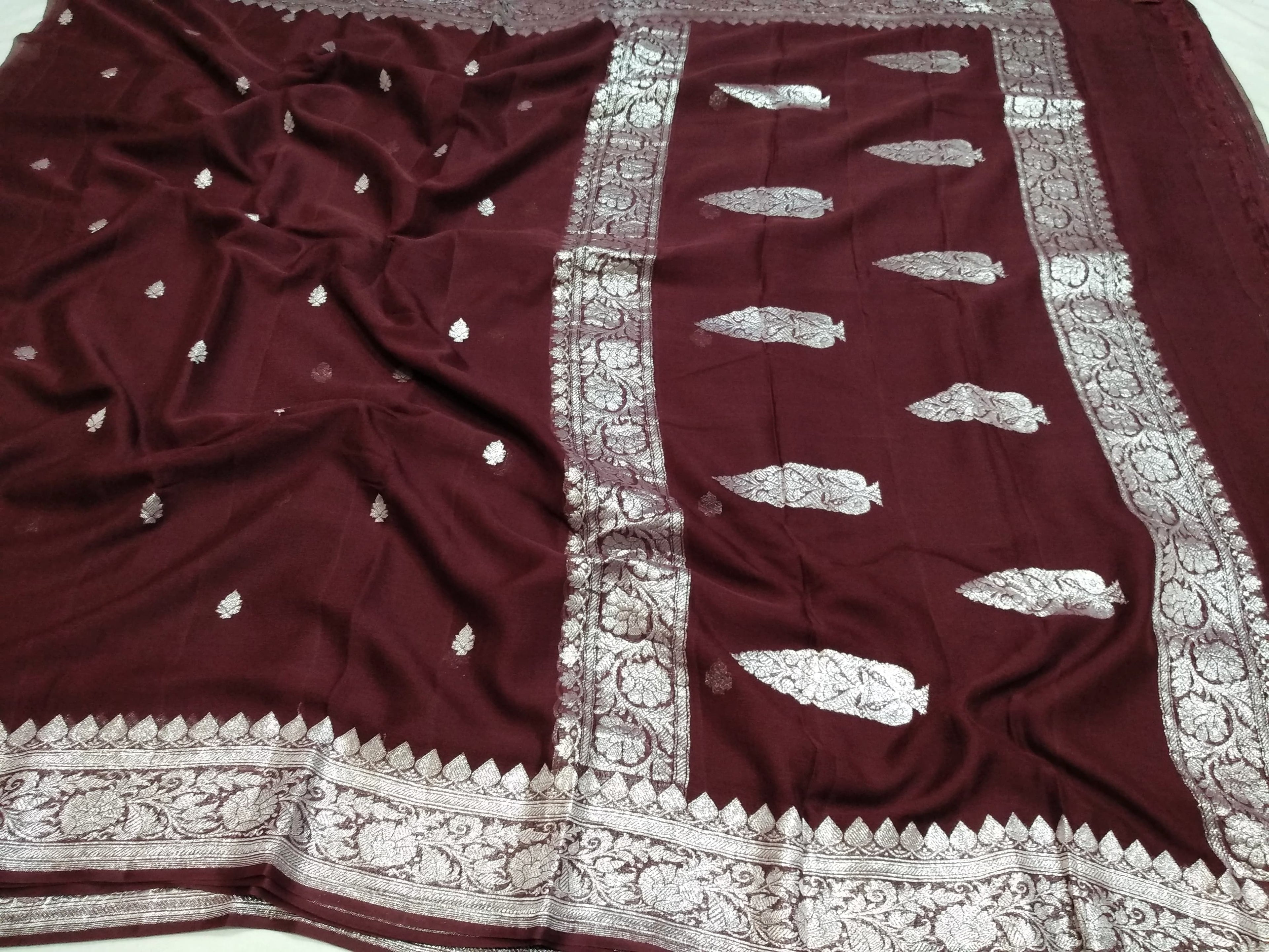 PURE CHIFFON KHADDI HANDLOOM RUPA BUTI KADHUA BANARASI SAREE- COFFEE BROWN