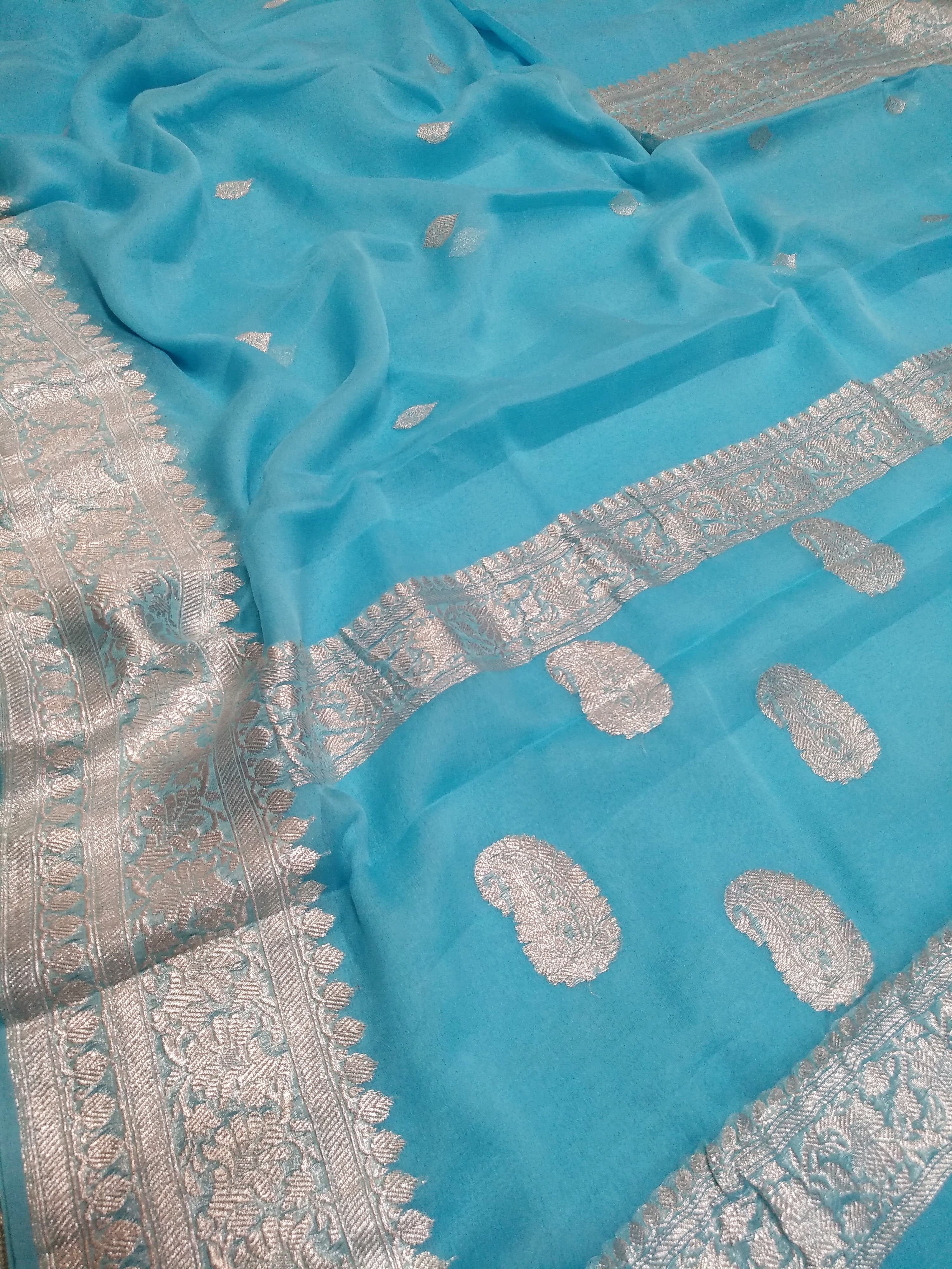 KHADDI HANDLOOM PURE CHIFFON RUPA BUTI KADHUA BANARASI SAREE- SKY BLUE