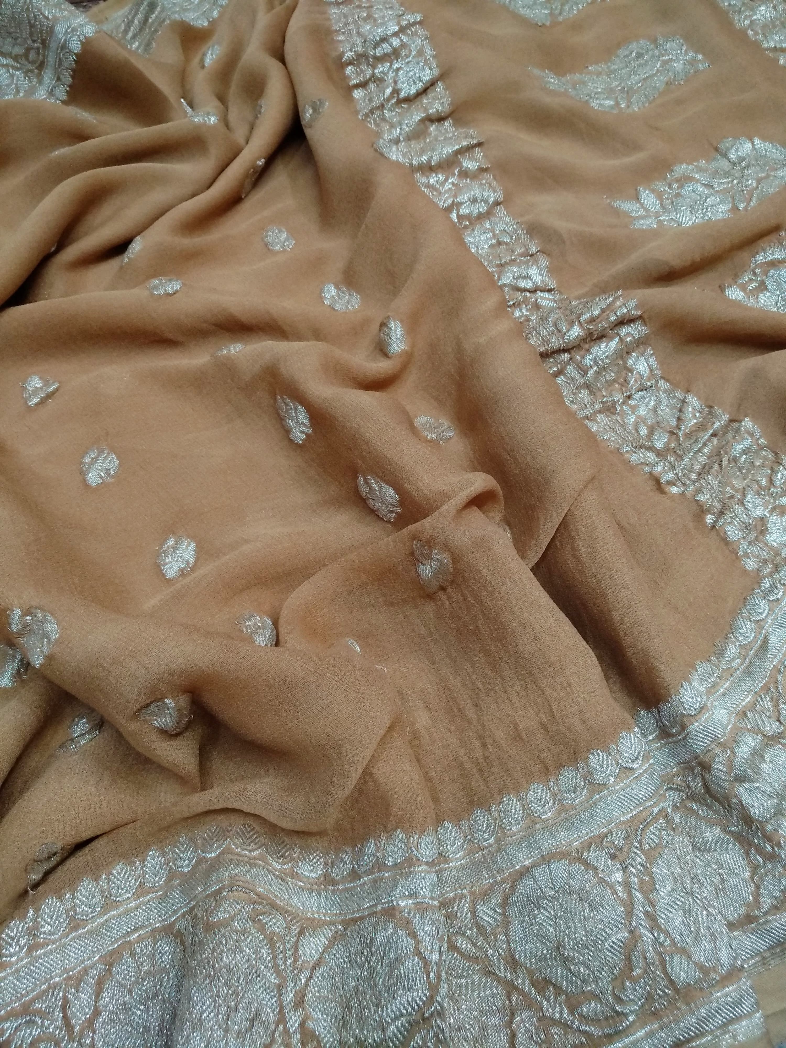 KHADDI HANDLOOM PURE CHIFFON RUPA BUTI KADHUA BANARASI SAREE/ COFFEE