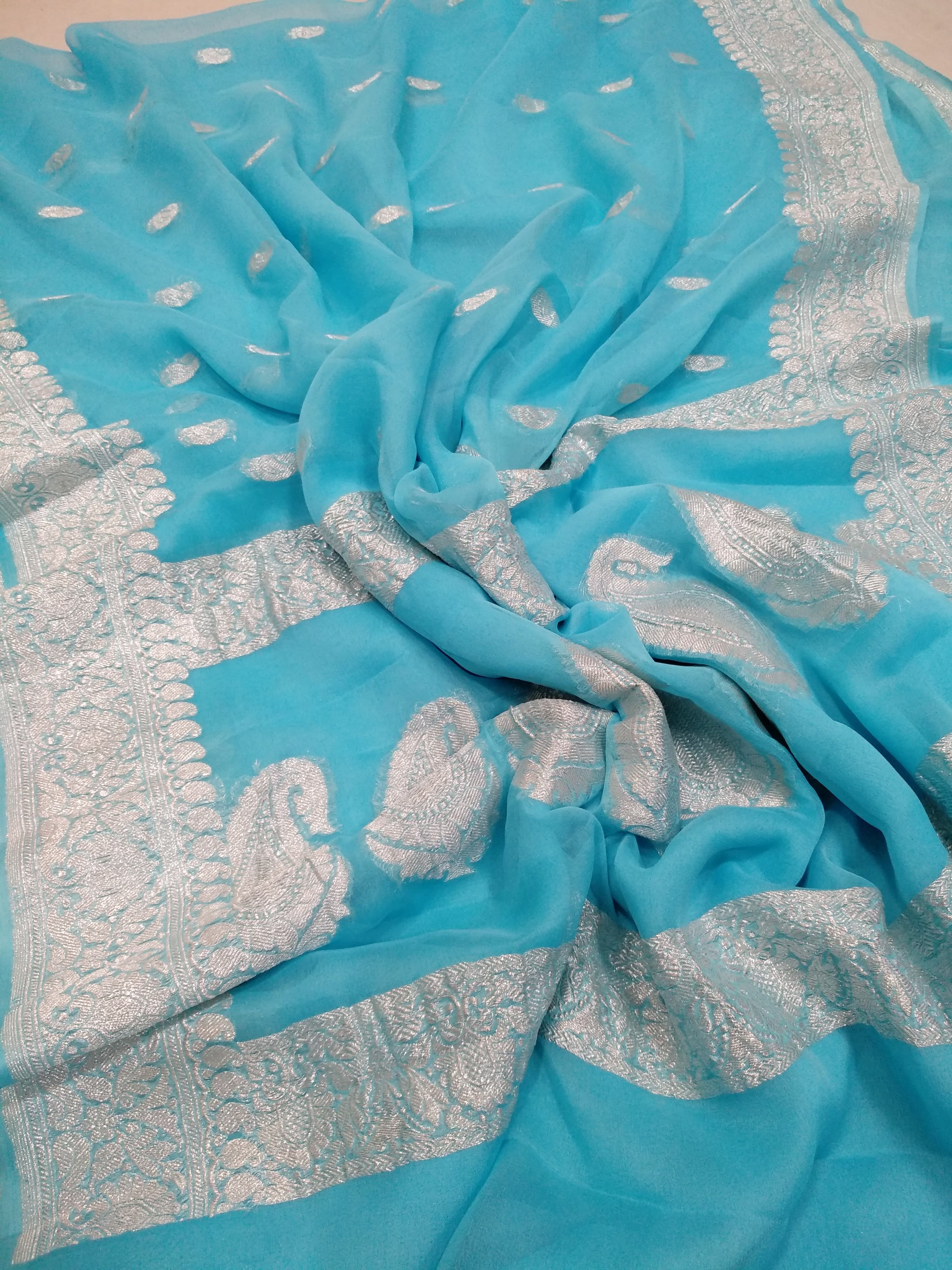 KHADDI HANDLOOM PURE CHIFFON RUPA BUTI KADHUA BANARASI SAREE- SKY BLUE