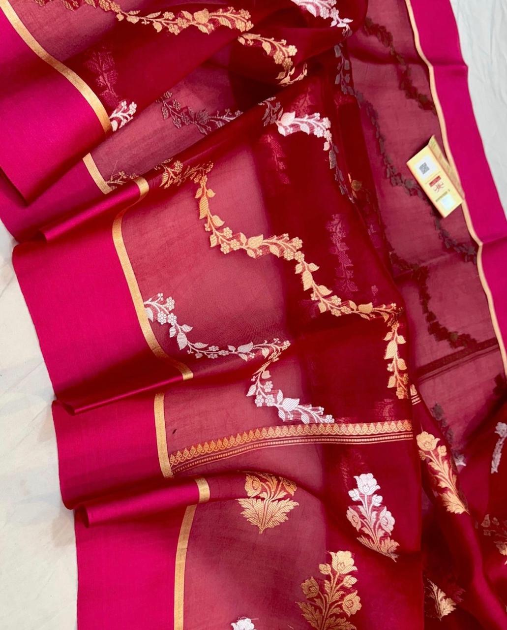 Handloom Pure Kora Silk Banarasi Sona Rupa Weave Saree in Red