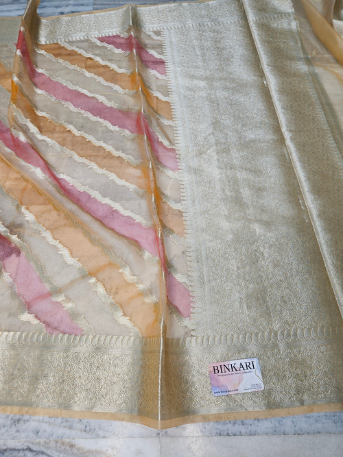 Handbrush Colour Organza Faux Banarasi Banarasi Saree with Premium Handbrushwork Stripe Weave