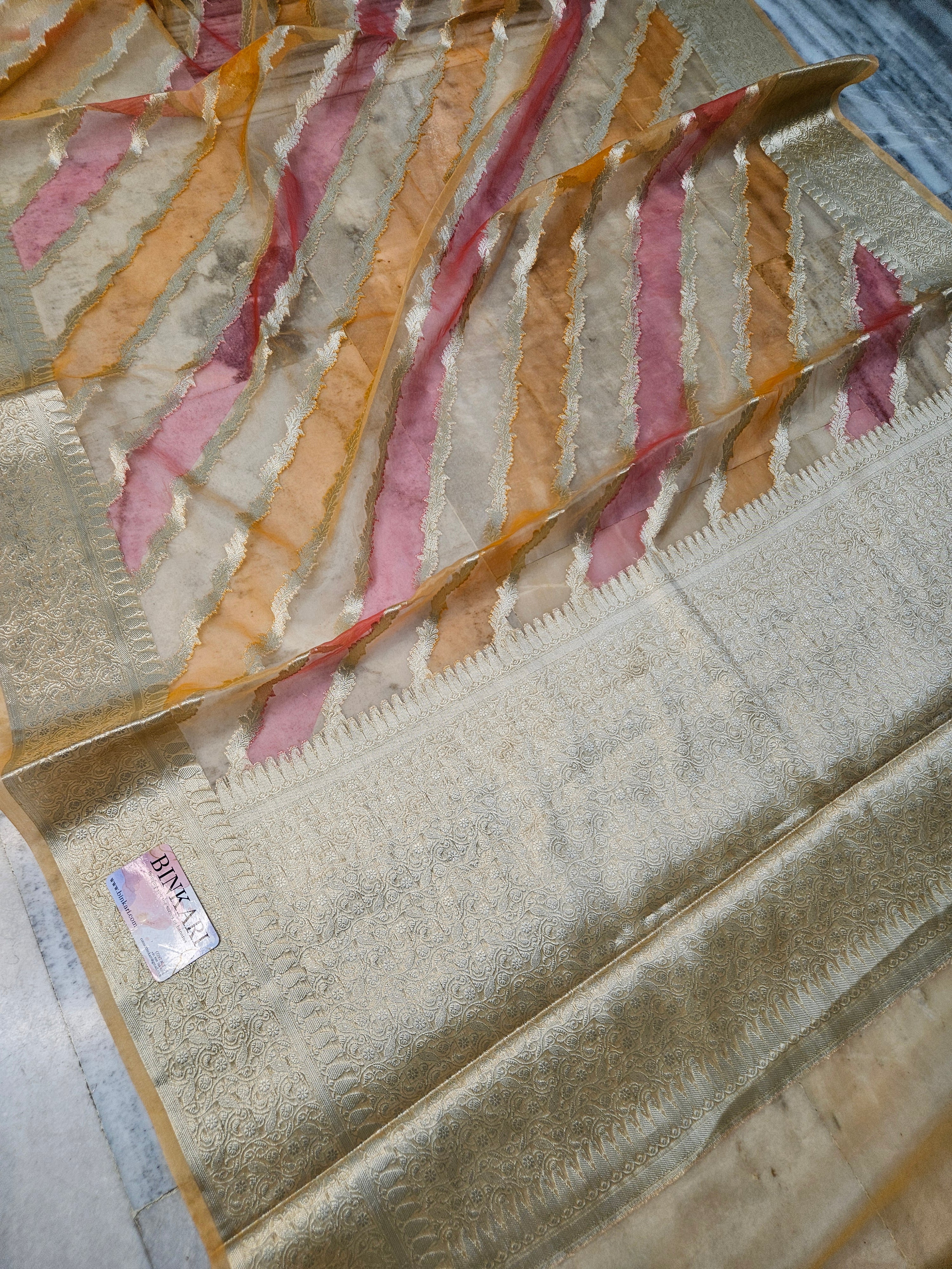 Handbrush Colour Organza Faux Banarasi Banarasi Saree with Premium Handbrushwork Stripe Weave
