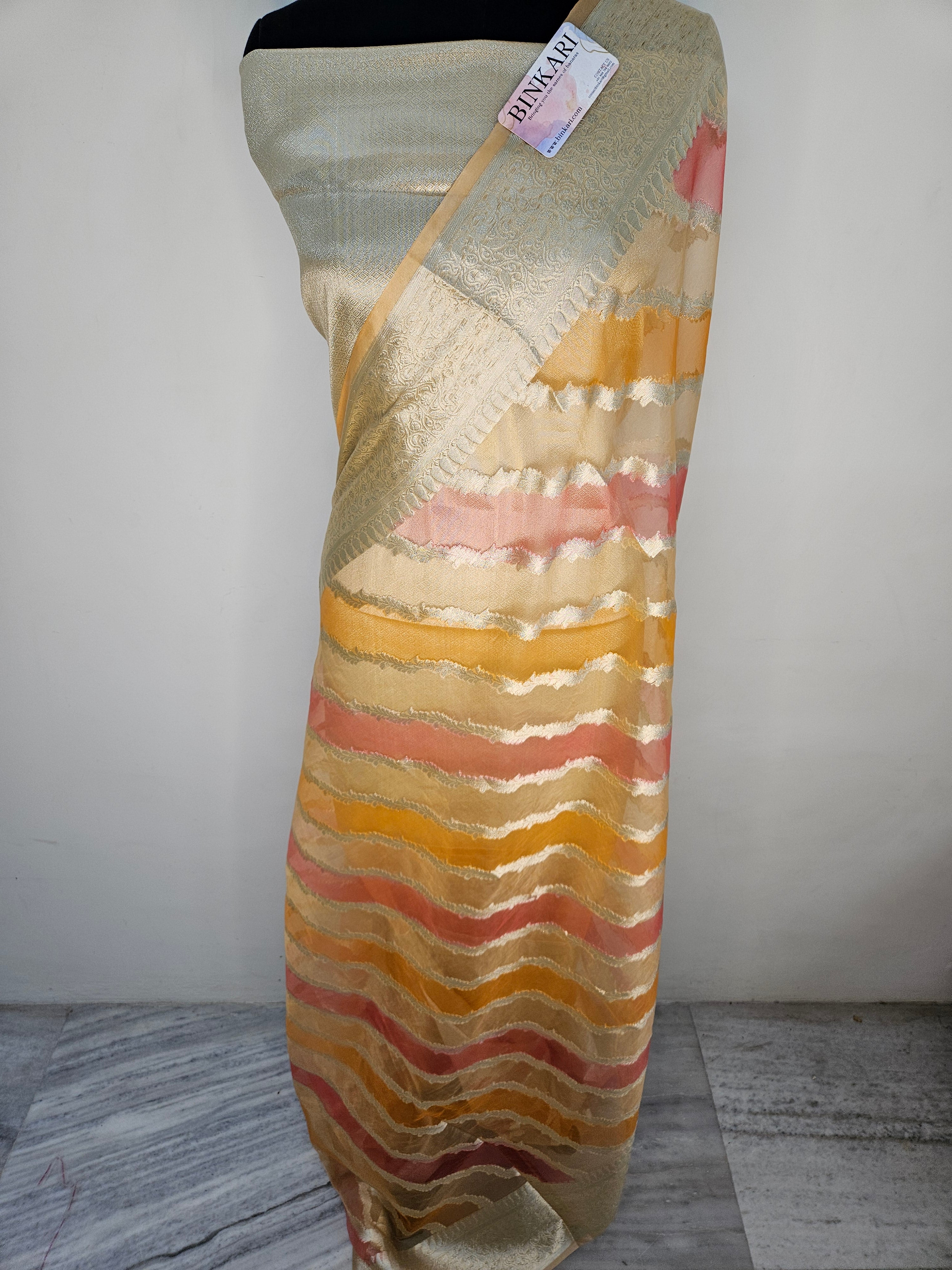 Handbrush Colour Organza Faux Banarasi Banarasi Saree with Premium Handbrushwork Stripe Weave