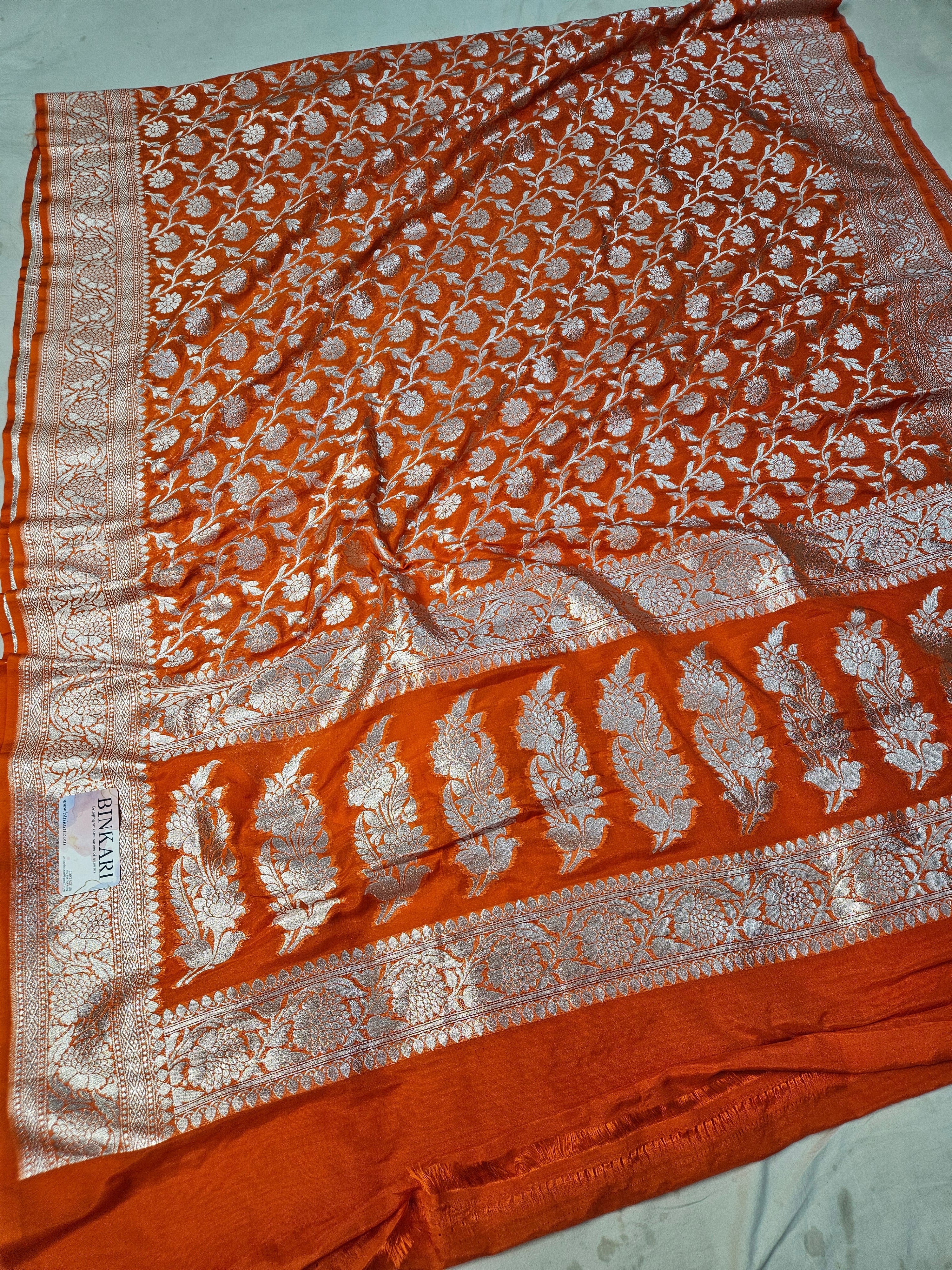 Bareek Jaal Faux Katans Georgette Banarasi Saree/ Orange