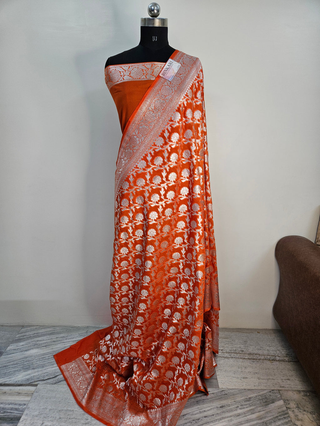 Bareek Jaal Faux Katans Georgette Banarasi Saree/ Orange