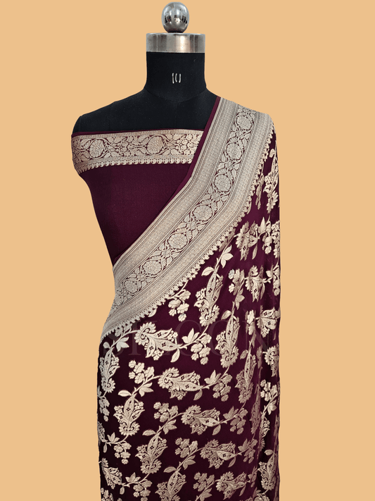 banarasi pure georgette silk woven tested zari saree in Deep maroon