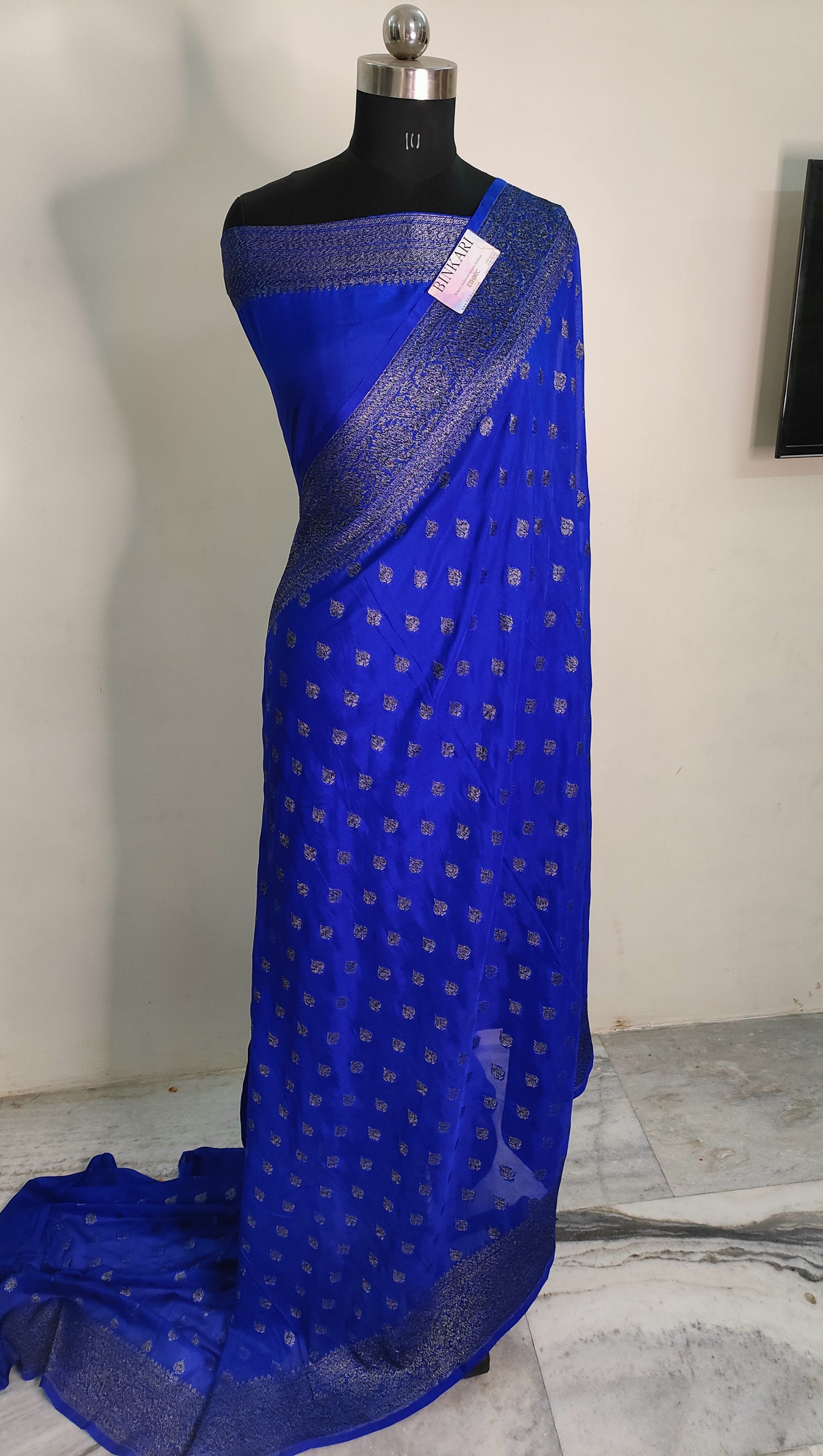 Faux Georgette Buti Banarasi Saree Faux Grey Zari With Blouse/ Royal Blue