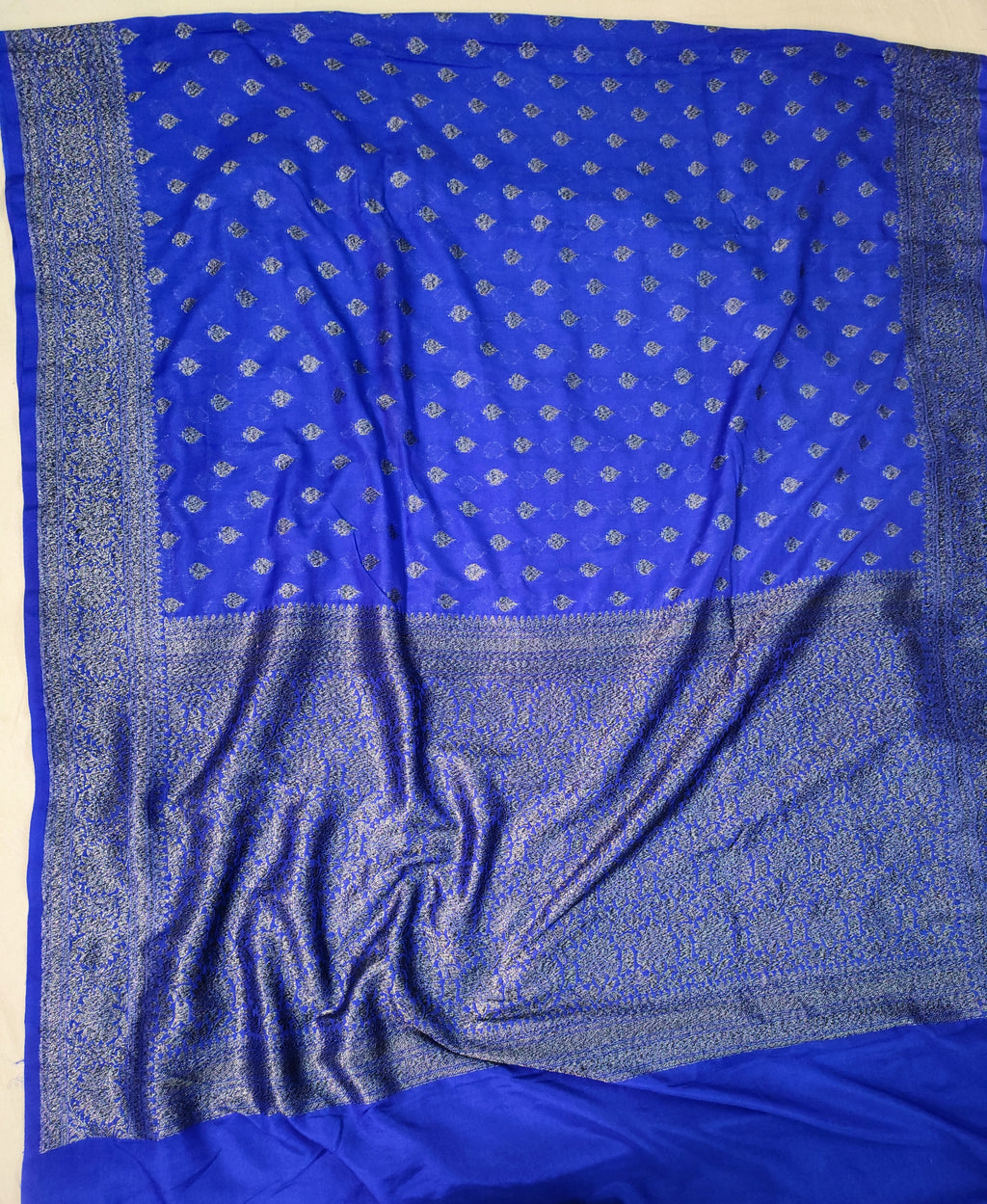 Faux Georgette Buti Banarasi Saree Faux Grey Zari With Blouse/ Royal Blue