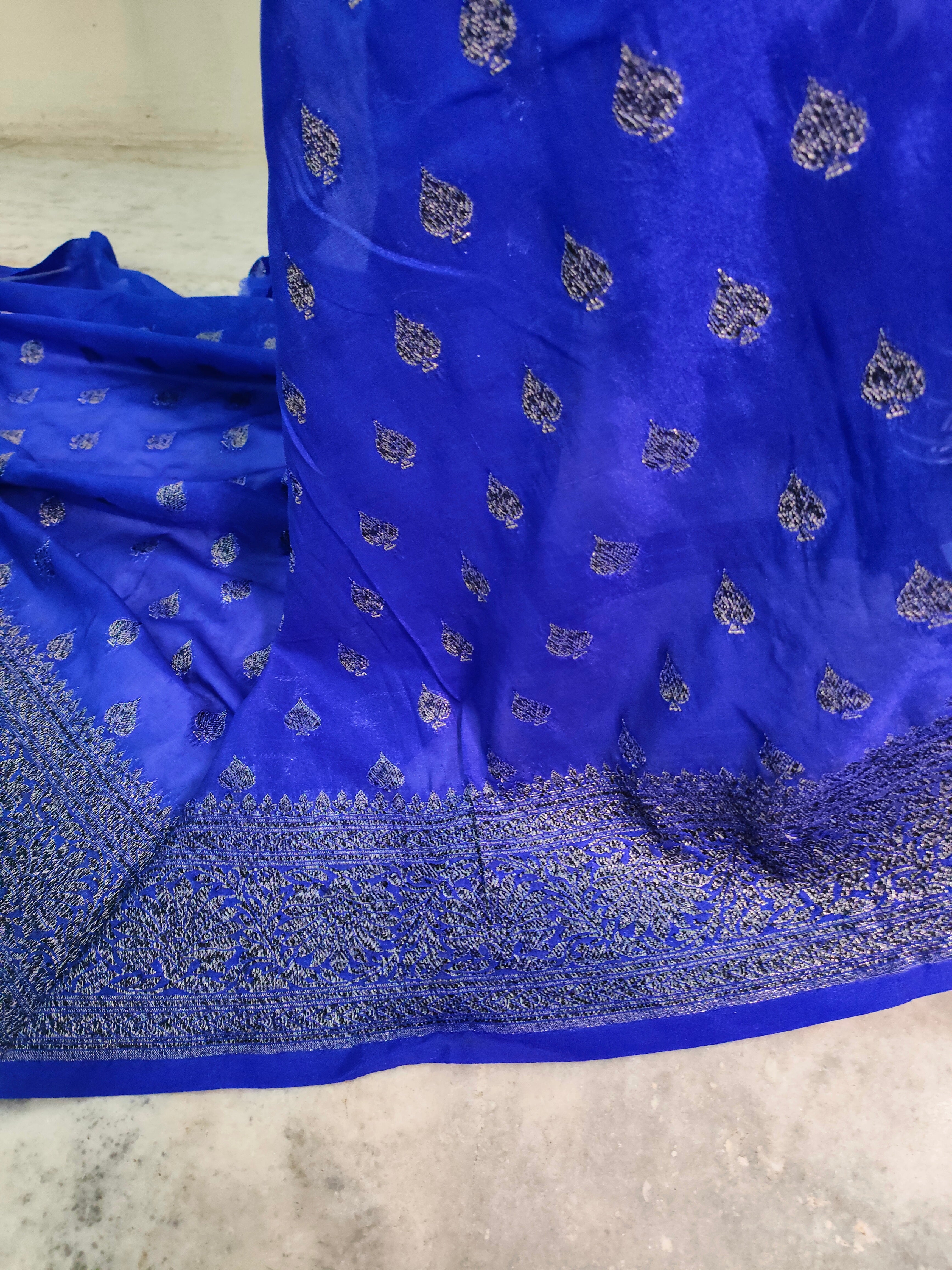 Faux Georgette Buti Banarasi Saree Faux Grey Zari With Blouse/ Royal Blue