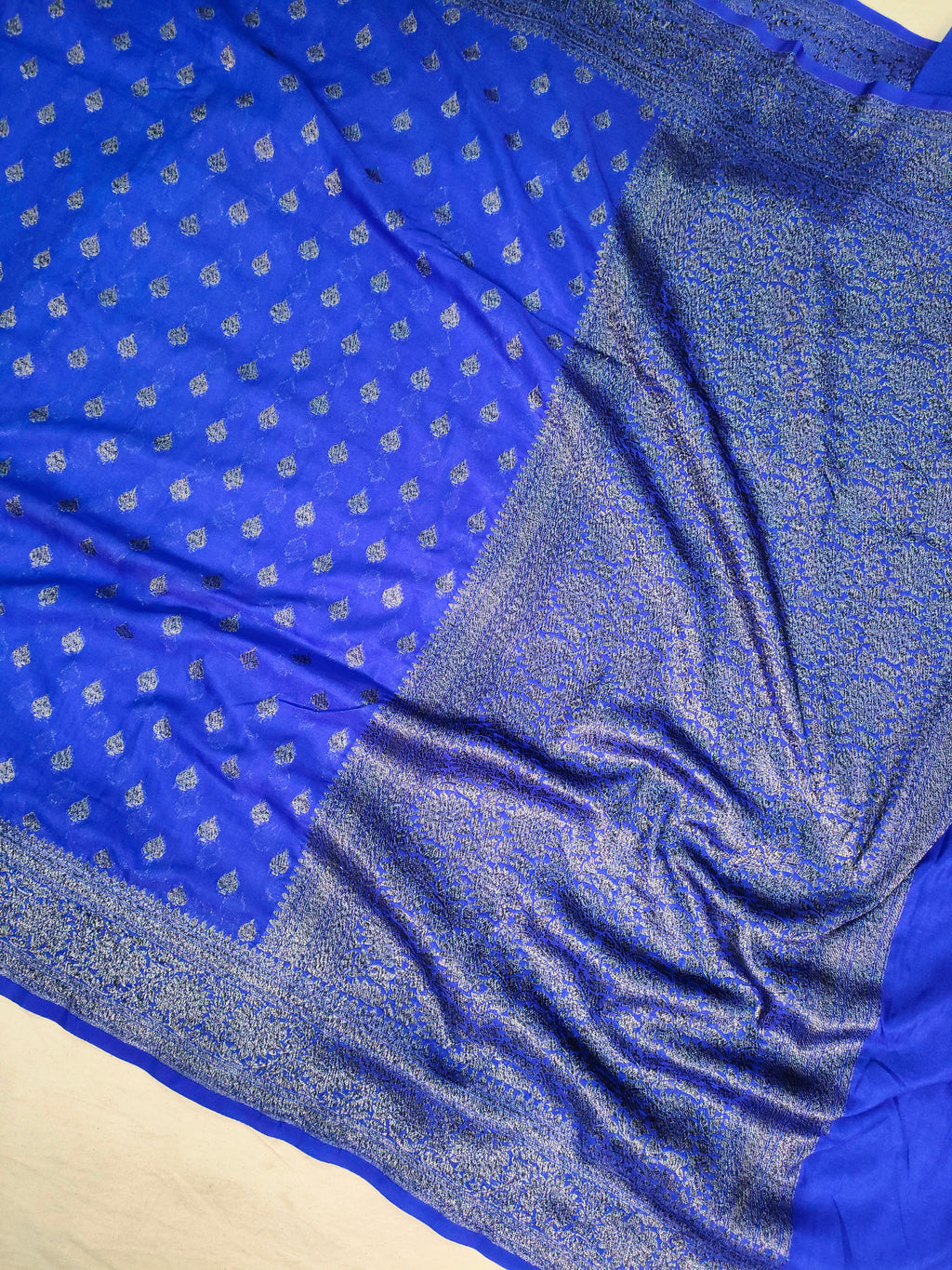 Faux Georgette Buti Banarasi Saree Faux Grey Zari With Blouse/ Royal Blue