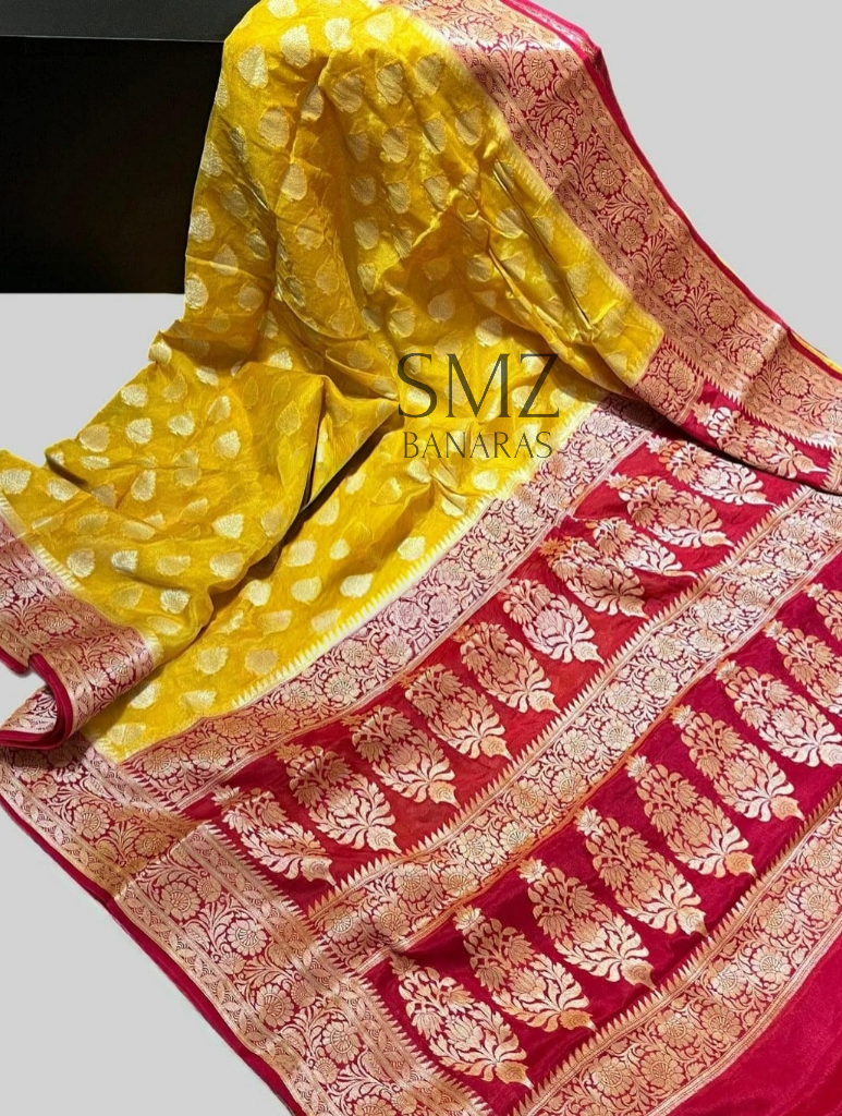 PURE CHIFFON SILK BANARASI SAREE WITH BUTA WOVEN / YELLOW