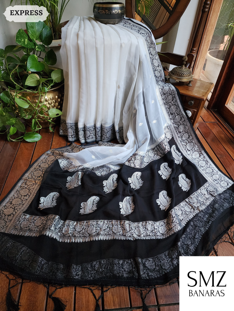 KHADDI PURE CHIFFON HANDLOOM RUPA BUTI KADHUA BANARASI SAREE- BLACK WHITE