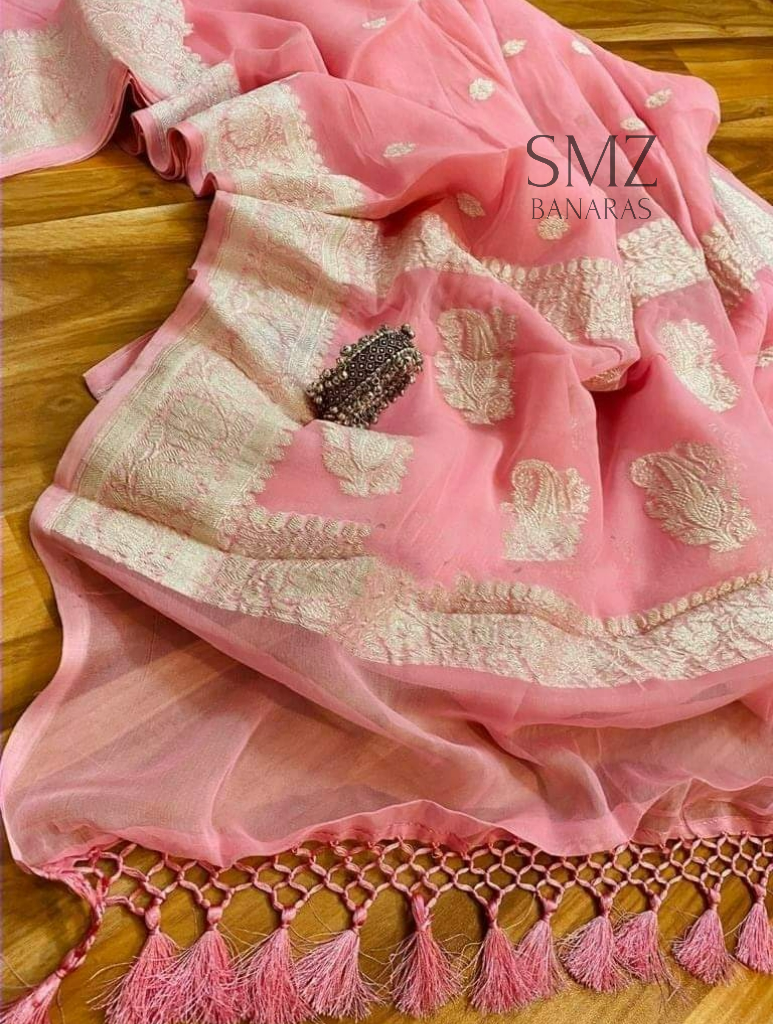 PURE CHIFFON KHADDI HANDLOOM RUPA BUTI KADHUA BANARASI SAREE- BABY PINL