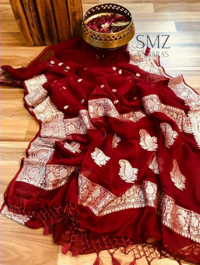KHADDI HANDLOOM PURE CHIFFON RUPA BUTI KADHUA BANARASI SAREE- ROYAL MAROON RED