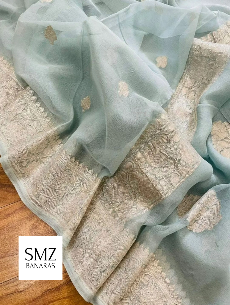 HANDLOOM PURE CHIFFON KHADDI RUPA BUTI KADHUA BANARASI SAREE- DUSTY SEAGREEN