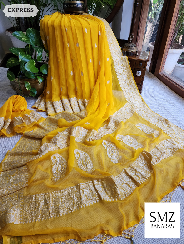 PURE CHIFFON KHADDI HANDLOOM RUPA BUTI KADHUA BANARASI SAREE- FRESH YELLOW