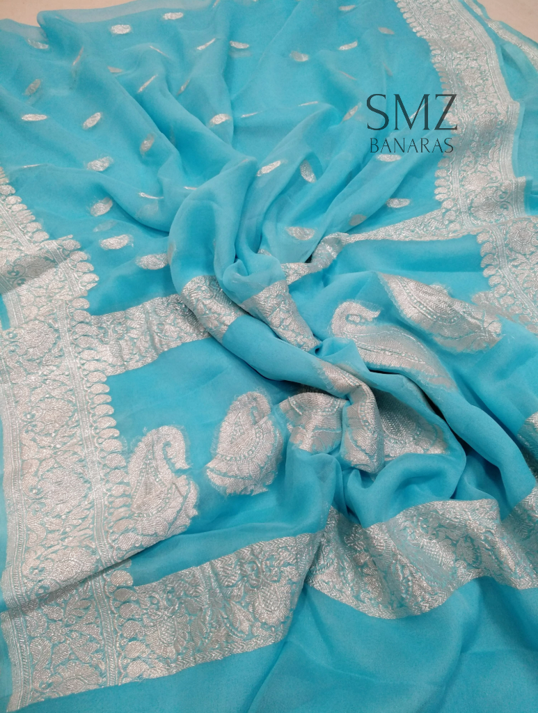 KHADDI HANDLOOM PURE CHIFFON RUPA BUTI KADHUA BANARASI SAREE- SKY BLUE