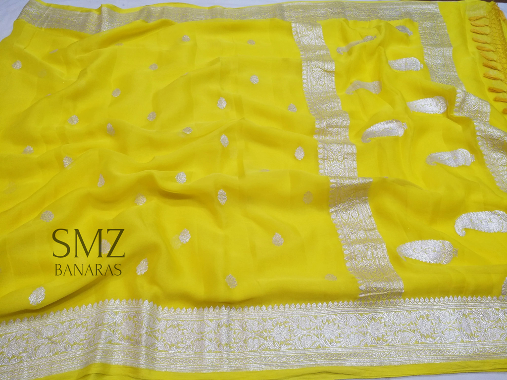 HANDLOOM PURE CHIFFON KHADDI RUPA BUTI KADHUA BANARASI SAREE/YELLOW