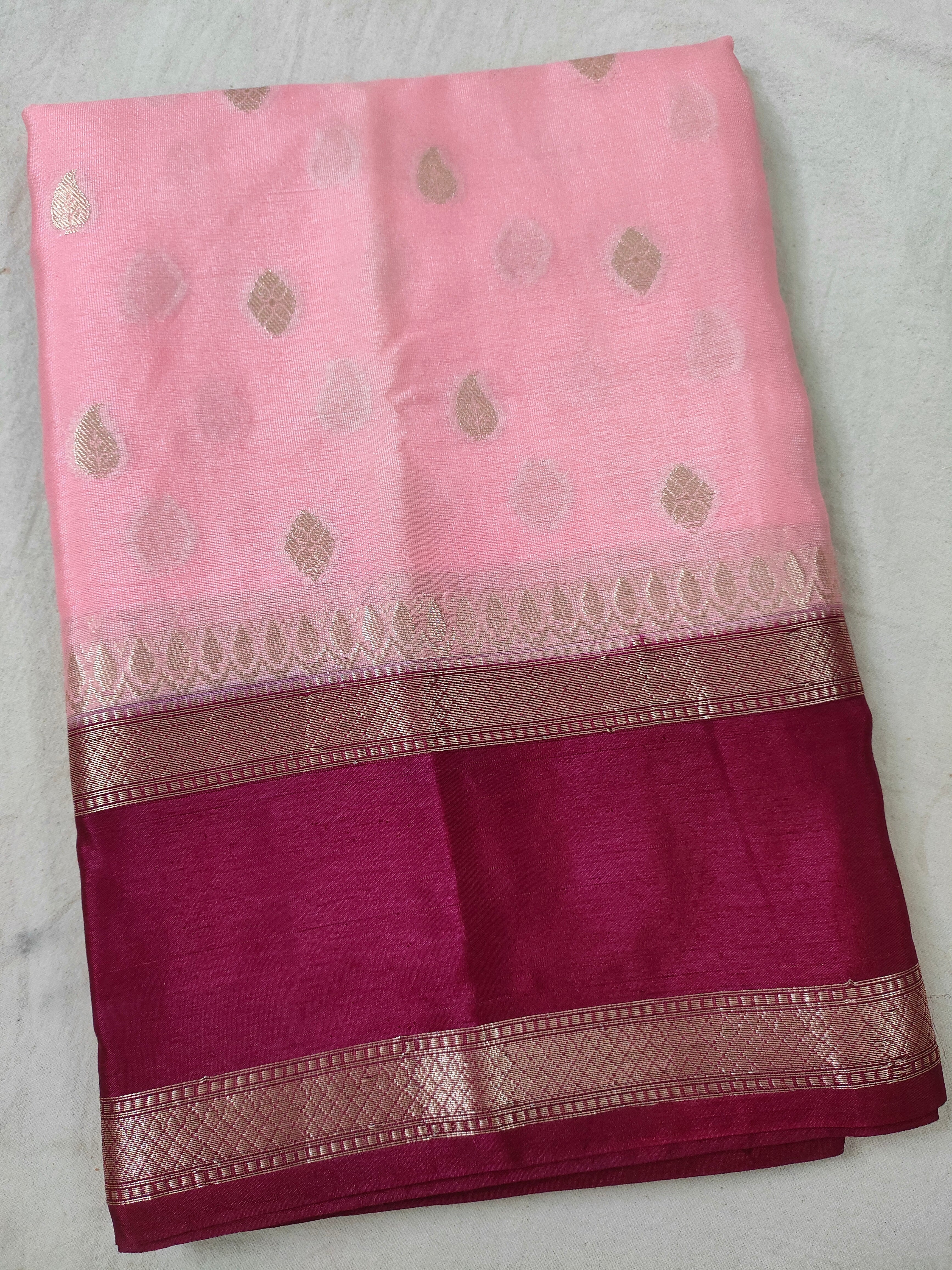 Soft Banarasi Faux Katans Blend Saree With Blouse Faux Zari Buti Pattern/ Baby Pink