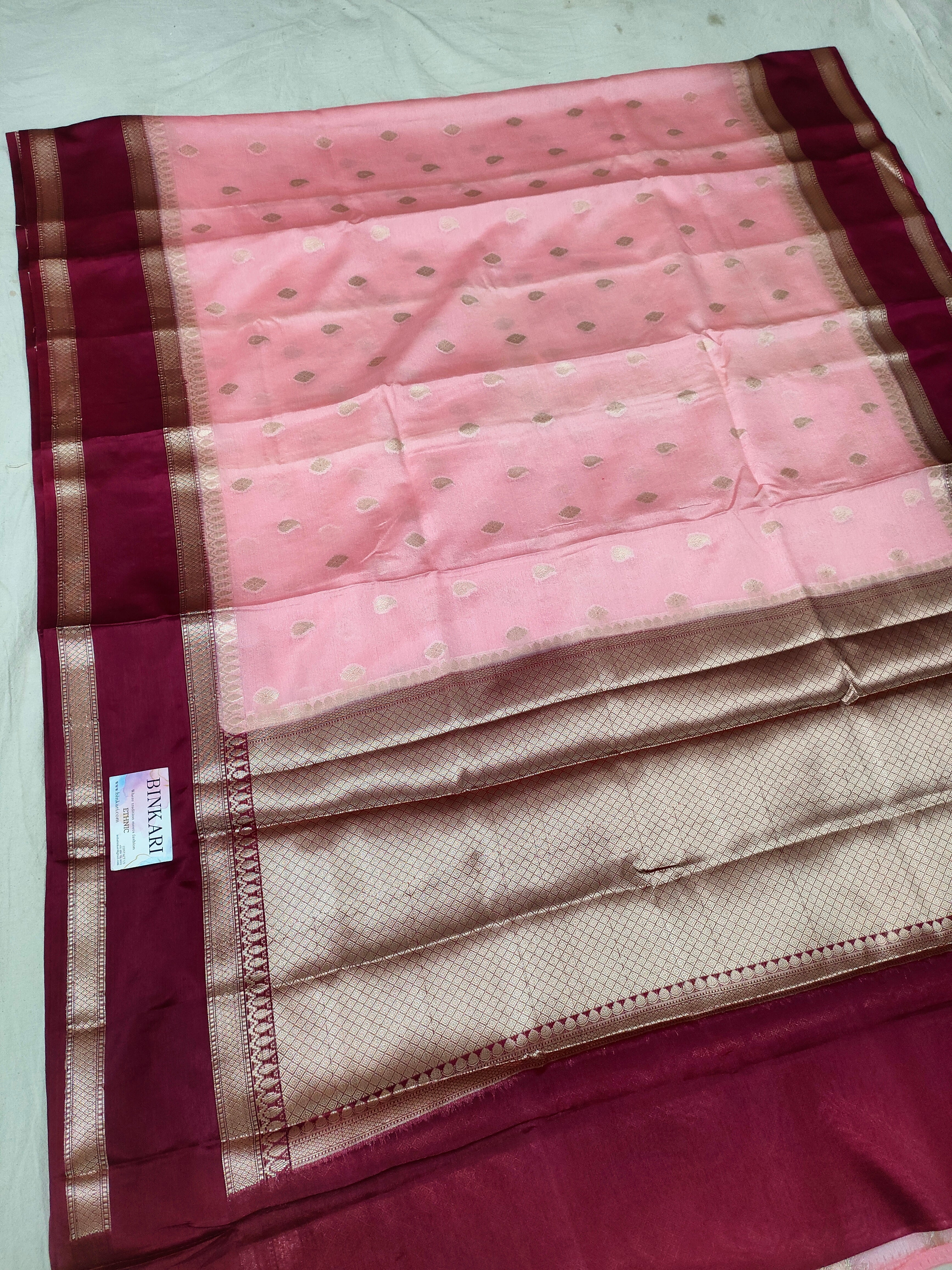 Soft Banarasi Faux Katans Blend Saree With Blouse Faux Zari Buti Pattern/ Baby Pink