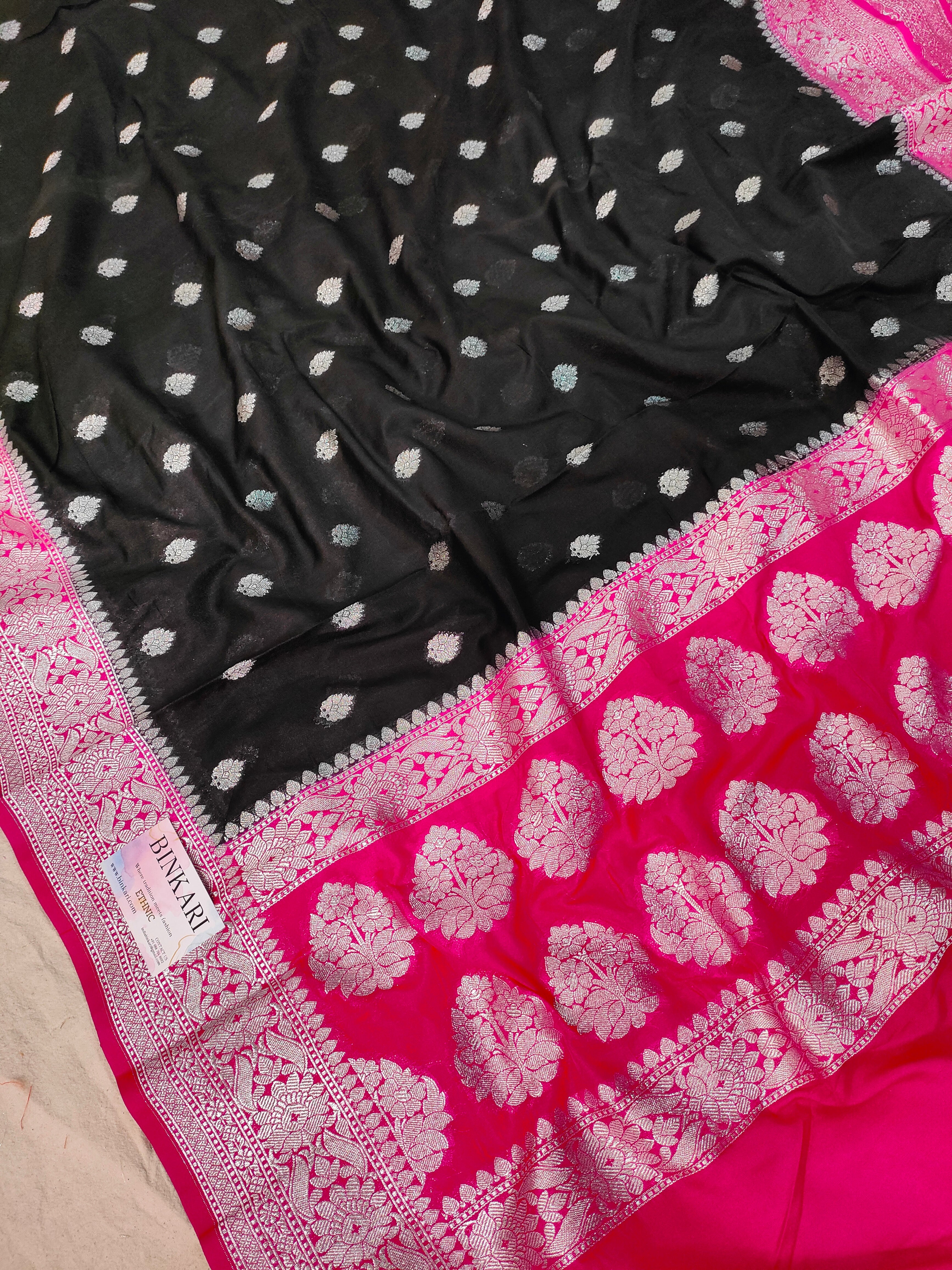 Banarasi Soft Faux Katans Georgette Saree With Blouse Faux Silver Zari Buti Pattern / Black-Pink