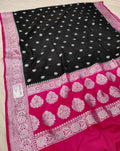 Banarasi Soft Faux Katans Georgette Saree With Blouse Faux Silver Zari Buti Pattern / Black-Pink